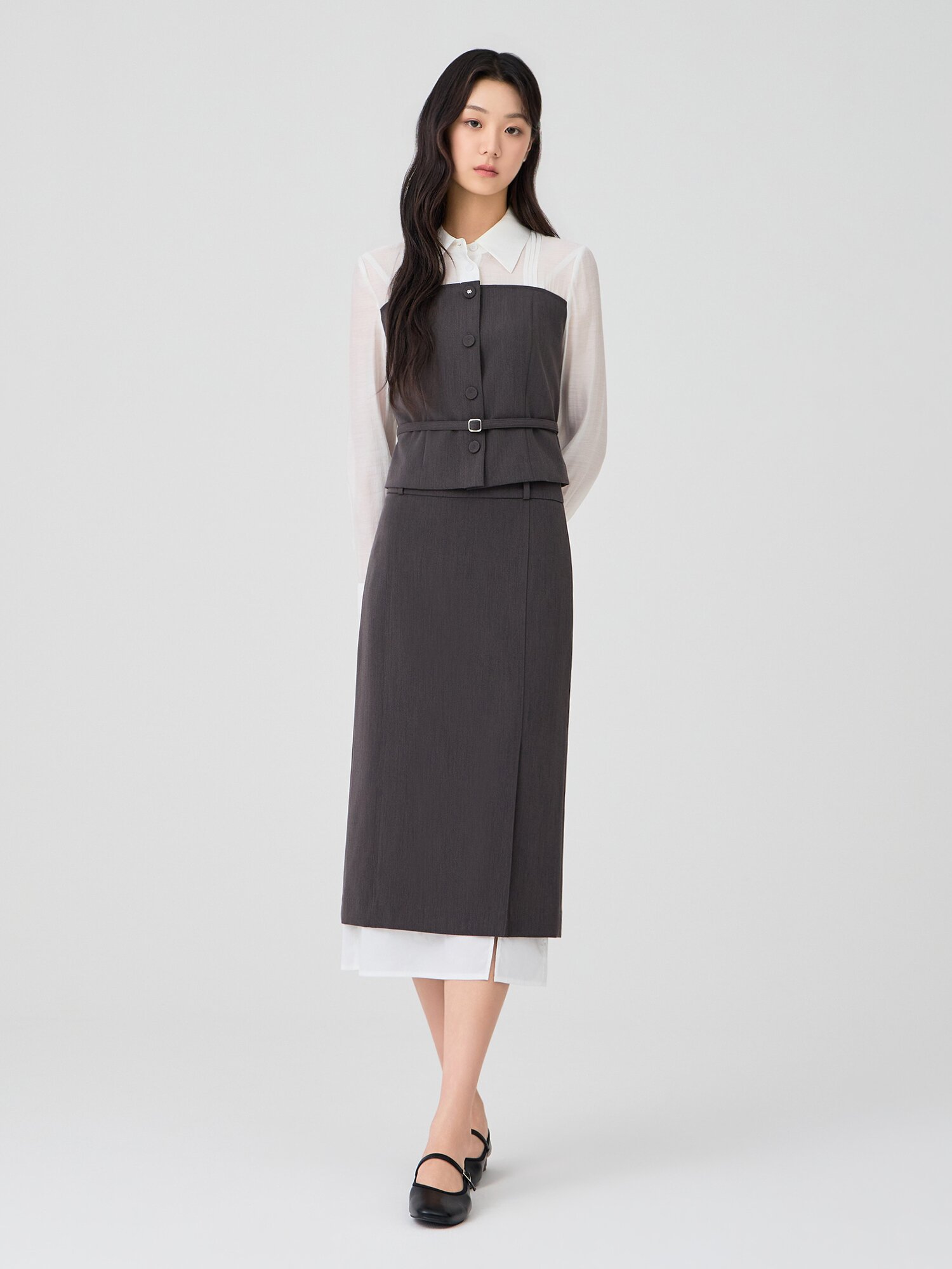 레이어 배색 슬릿 H라인 스커트 (GREY)