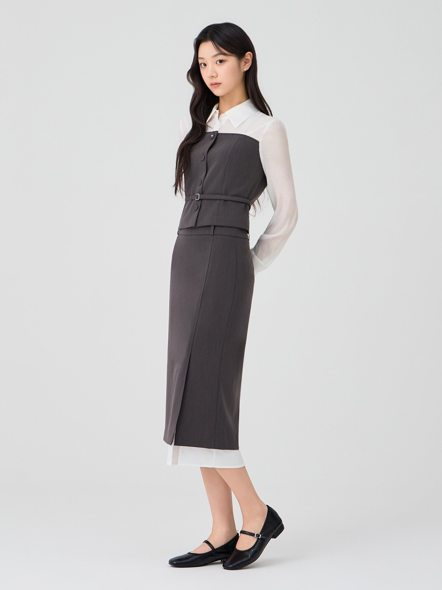 레이어 배색 슬릿 H라인 스커트 (GREY)