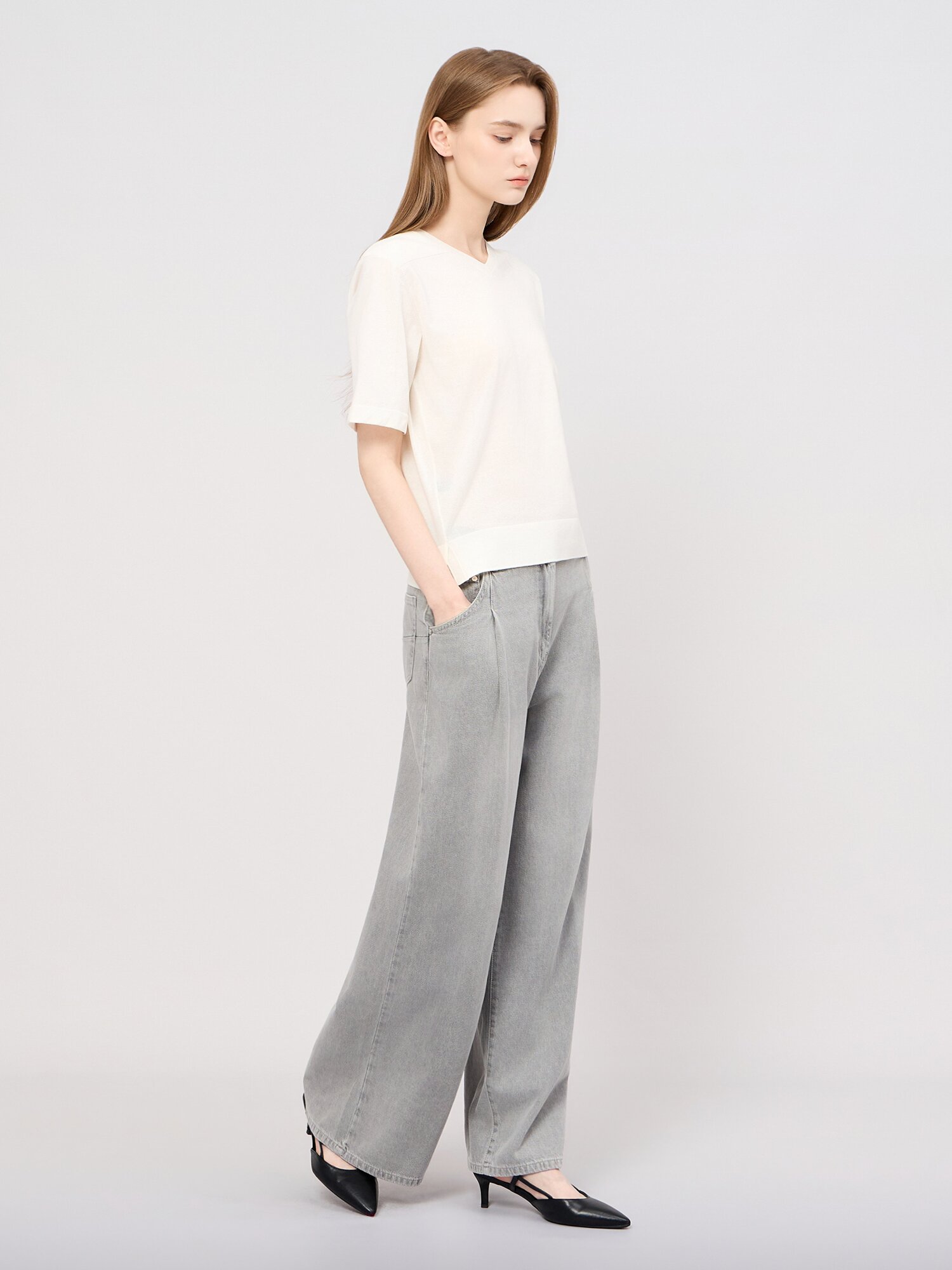 코튼 원턱 와이드 데님 팬츠 (GREY)