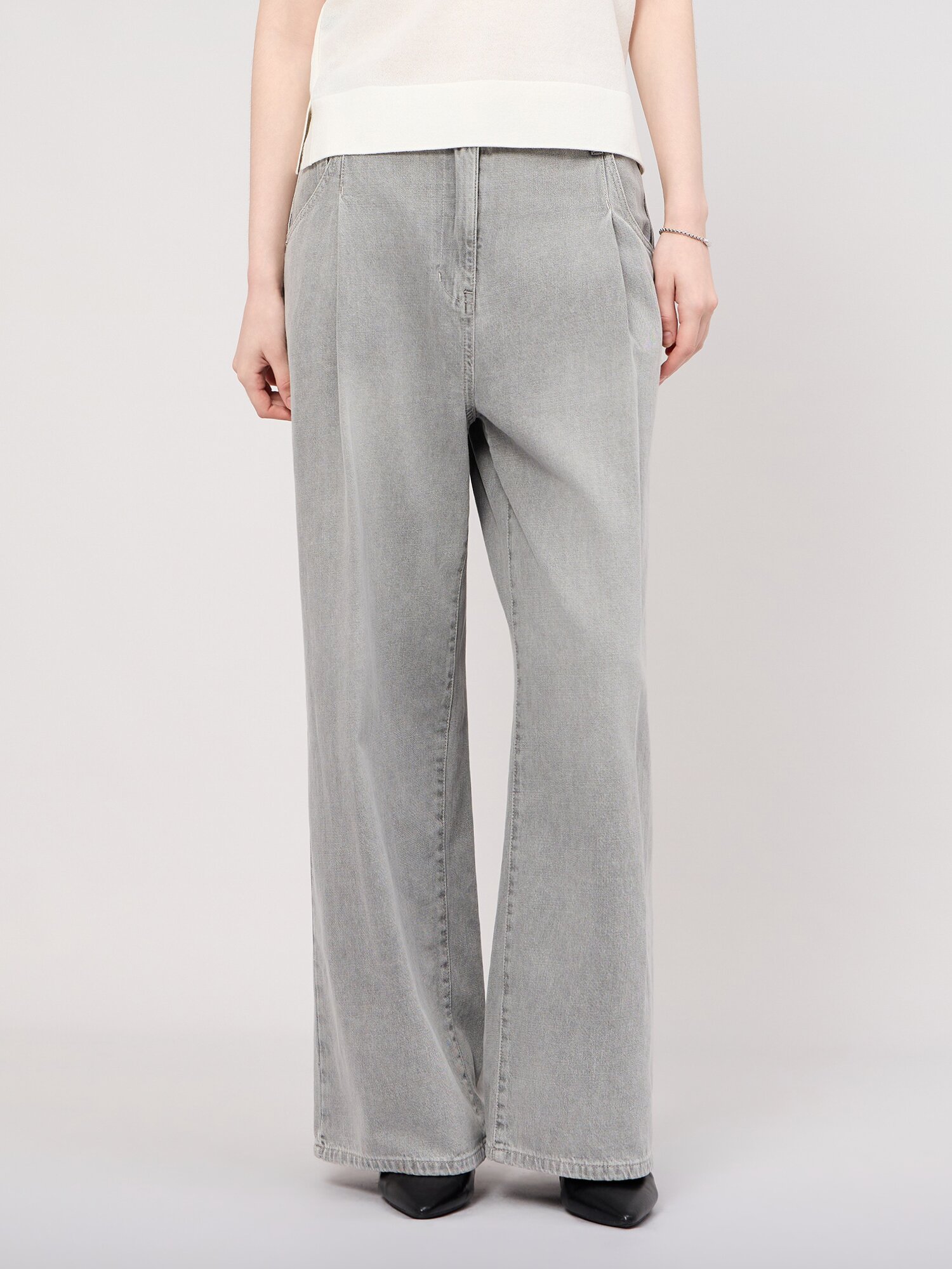코튼 원턱 와이드 데님 팬츠 (GREY)