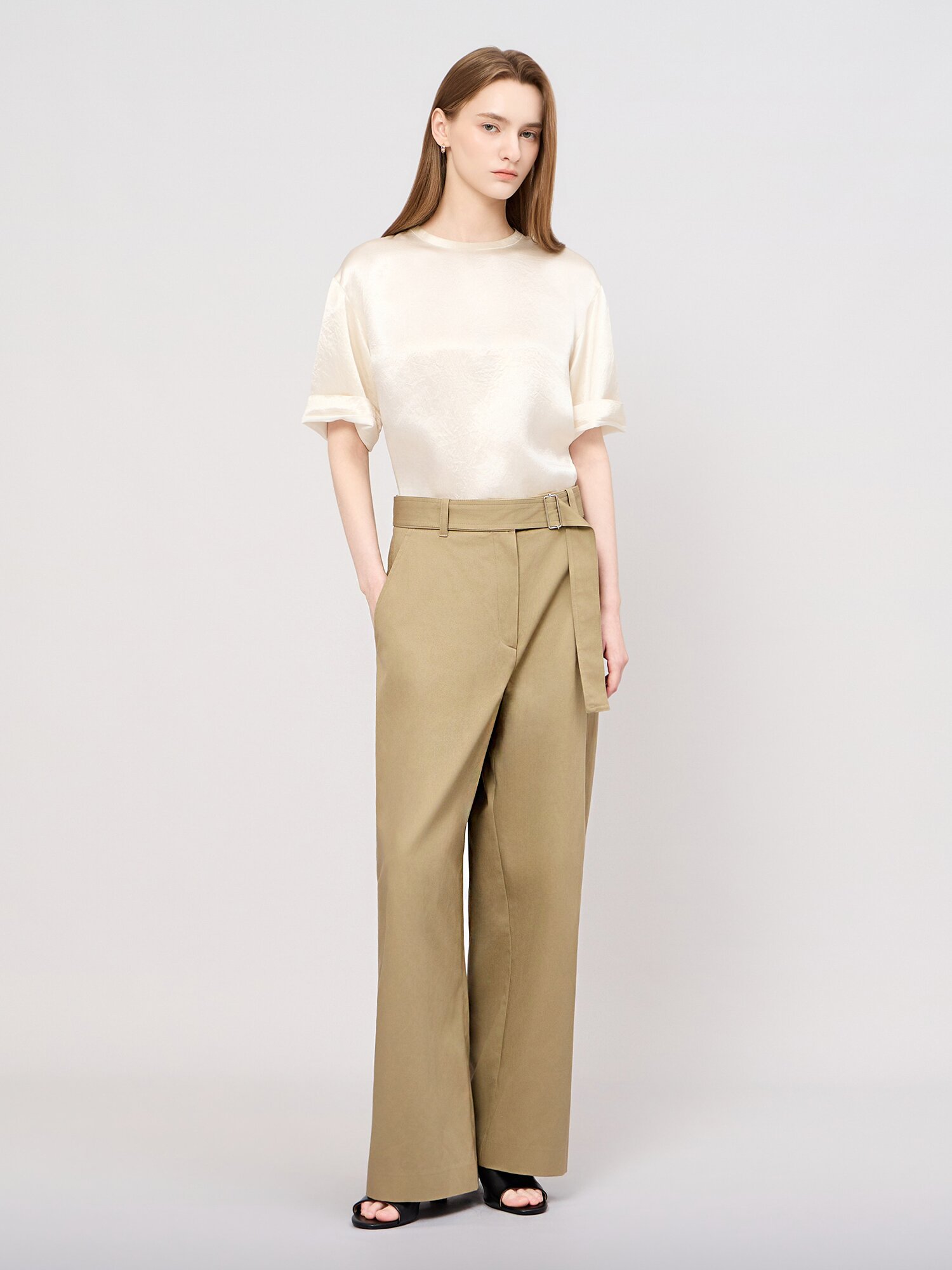 코튼 벨티드 와이드 팬츠 (KHAKI)