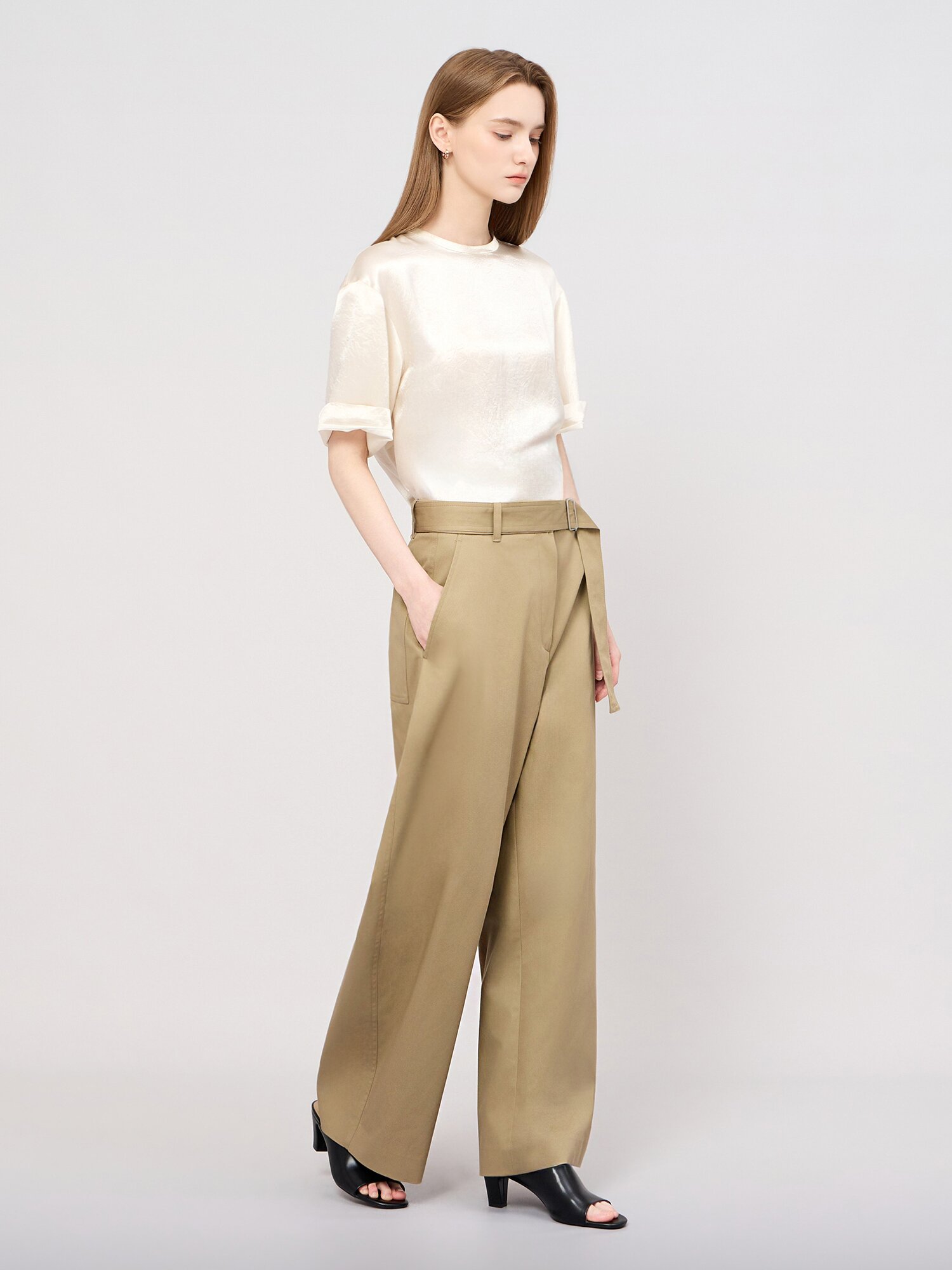 코튼 벨티드 와이드 팬츠 (KHAKI)