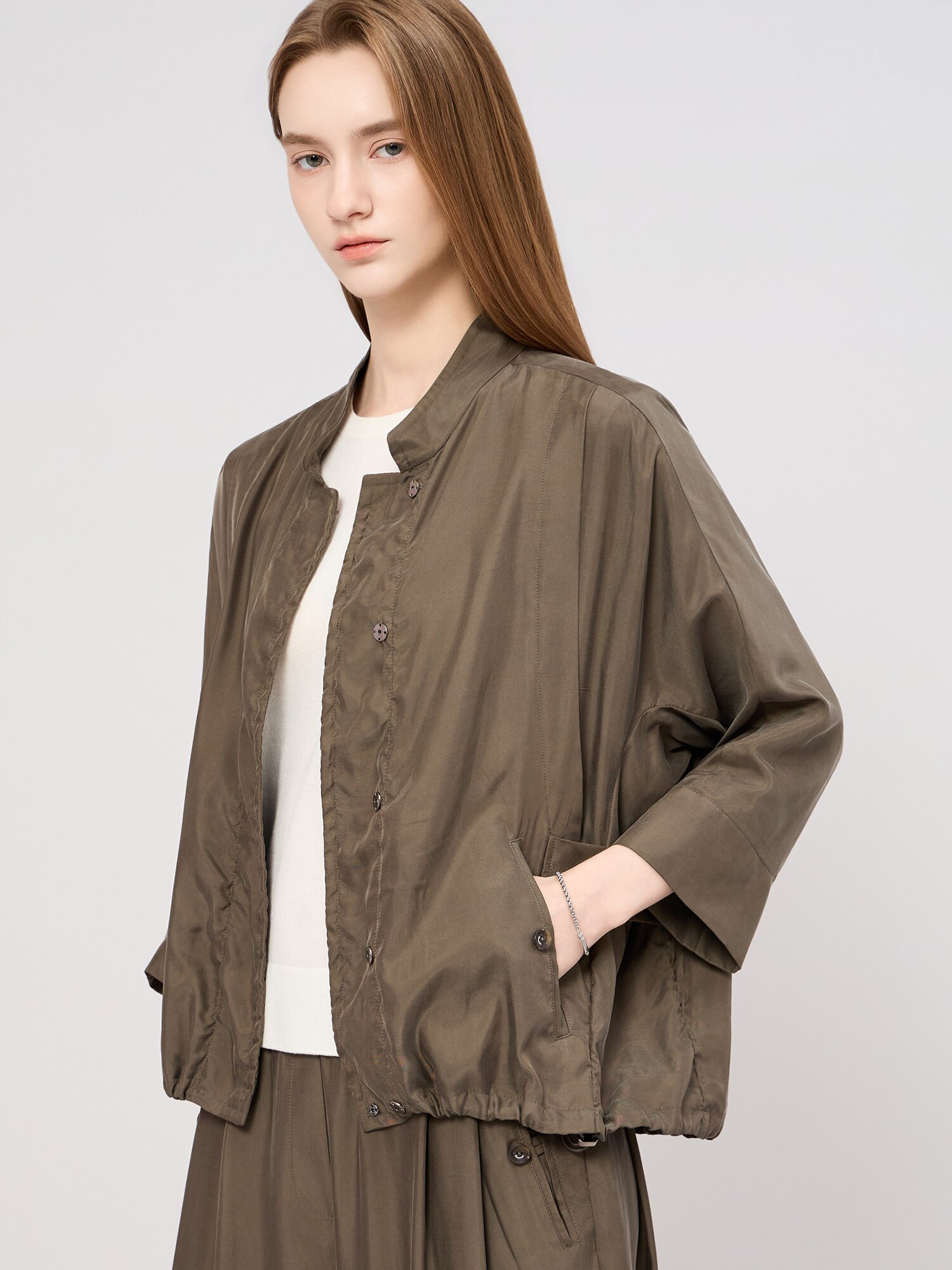 스탠드 칼라 7부 슬리브 점퍼 (KHAKI)