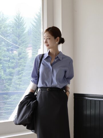 배색 스트라이프 셔츠 블라우스 