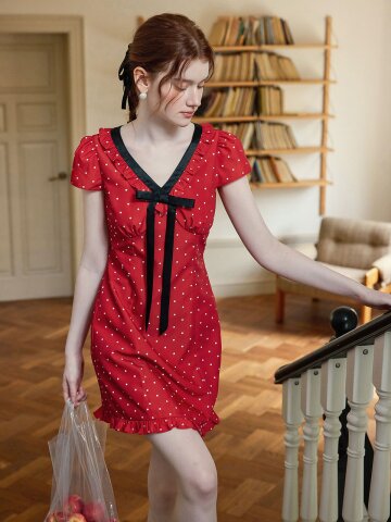 Cest_Ribbon polka dot dress