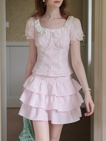 Cest_Gingham tiered skirt