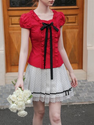 Cest_Polka dot lace trim skirt
