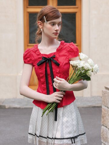 Cest_Red polka dot ruffle blouse