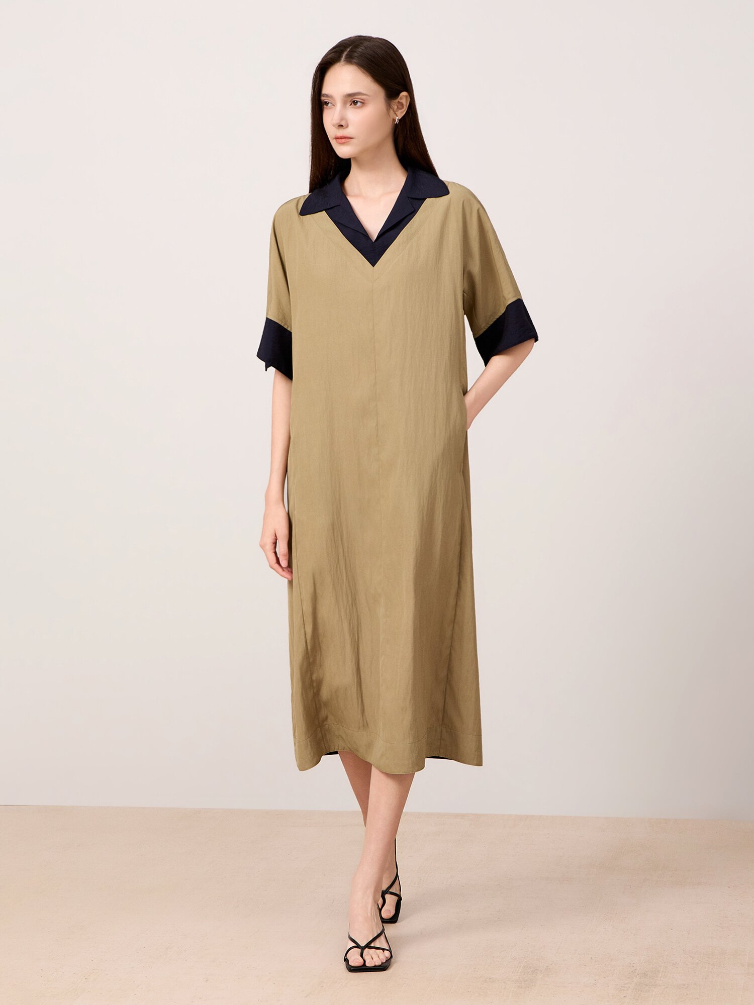드라이 터치 컬러 블록 미디 원피스 (KHAKI)