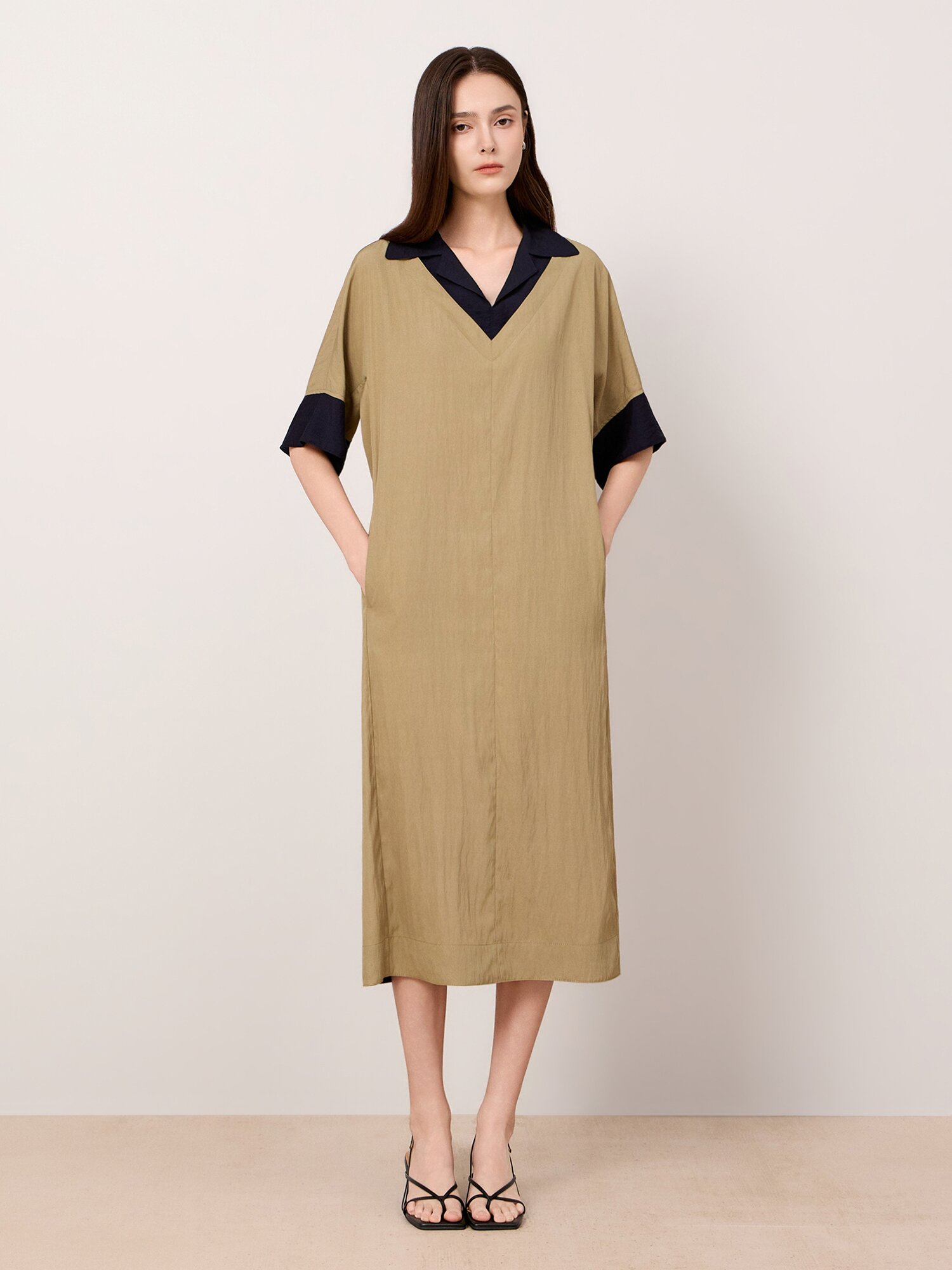 드라이 터치 컬러 블록 미디 원피스 (KHAKI)
