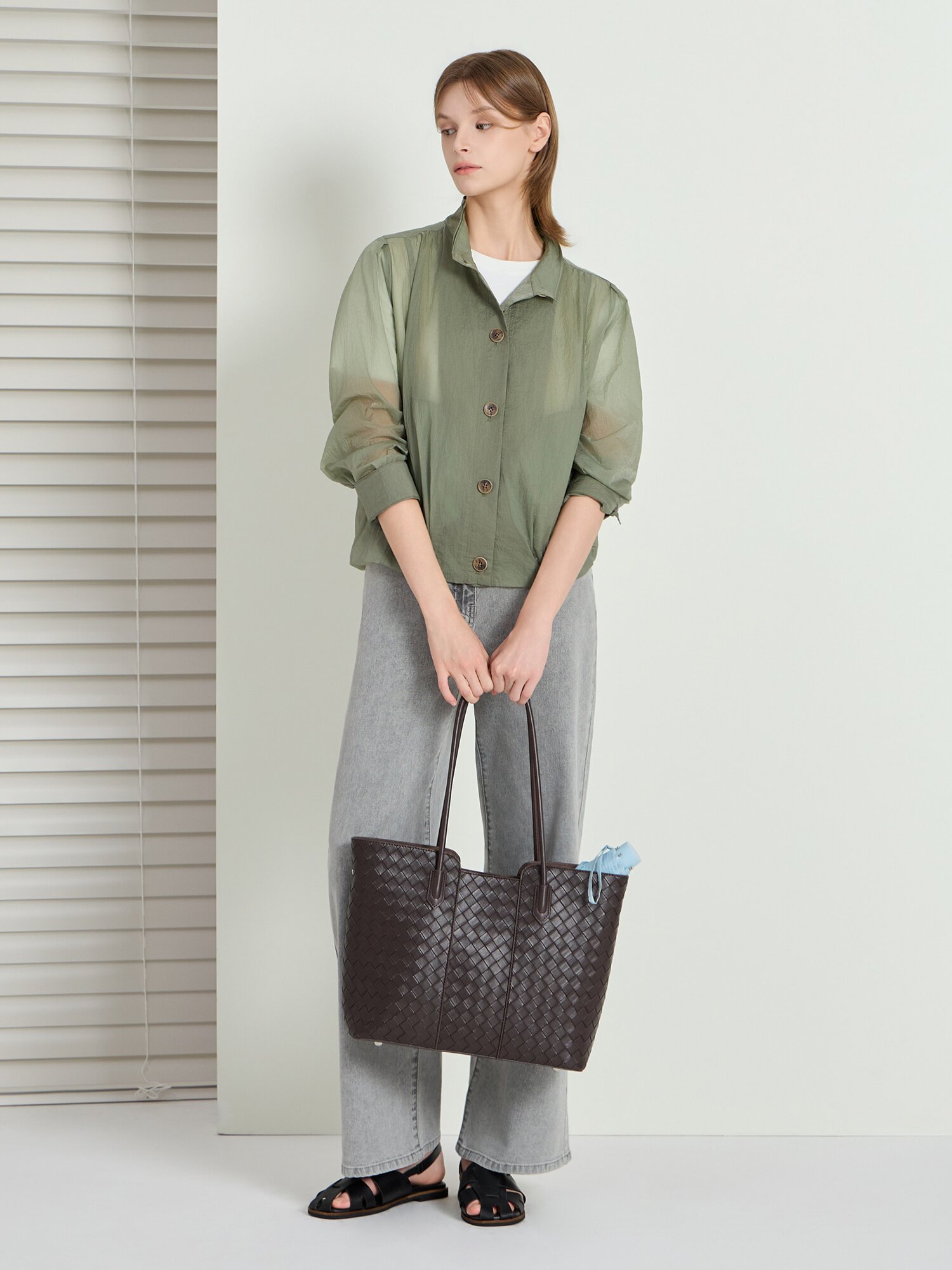 루즈핏 시스루 밴딩 하이넥 점퍼 (KHAKI)