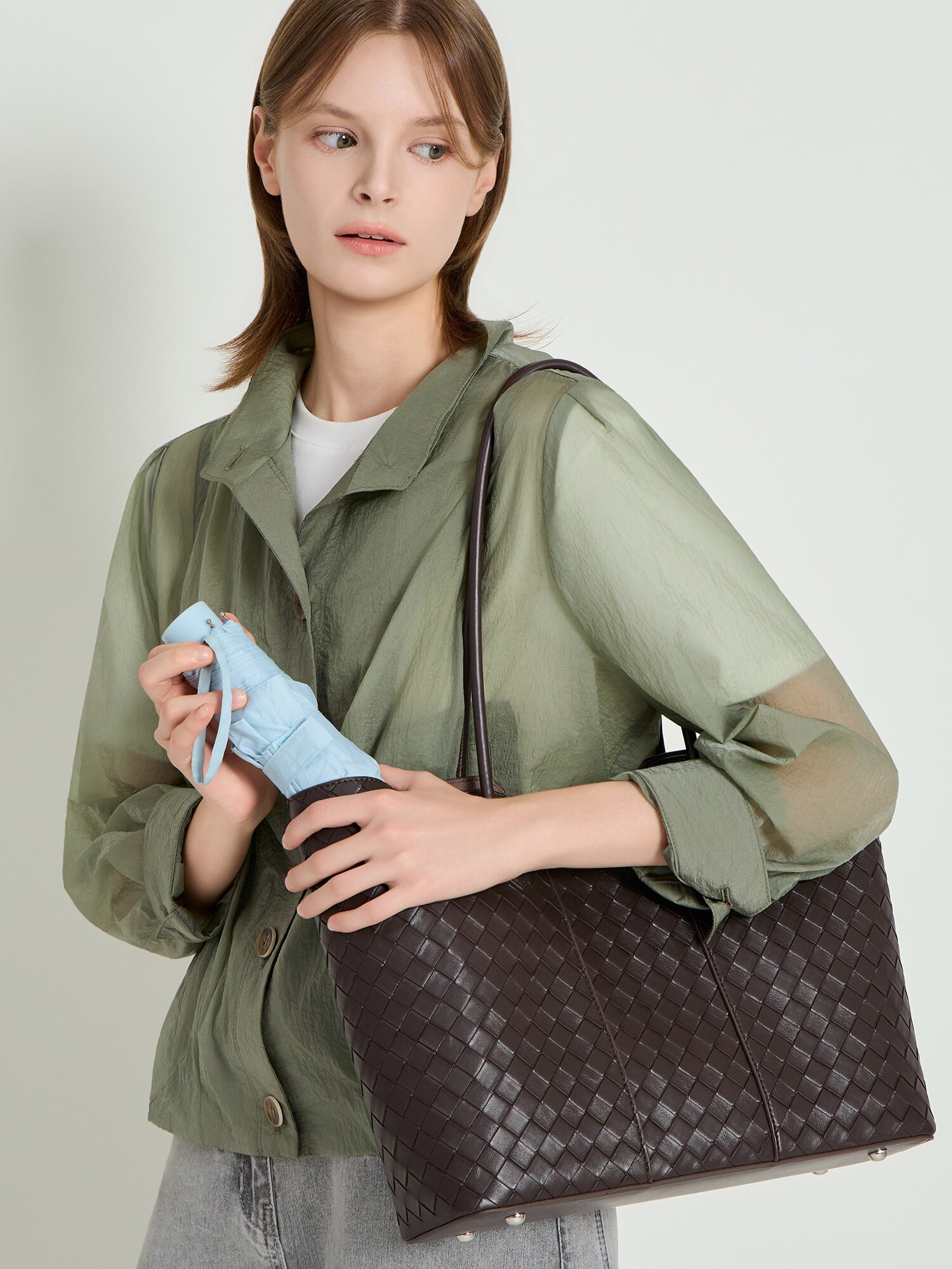 루즈핏 시스루 밴딩 하이넥 점퍼 (KHAKI)