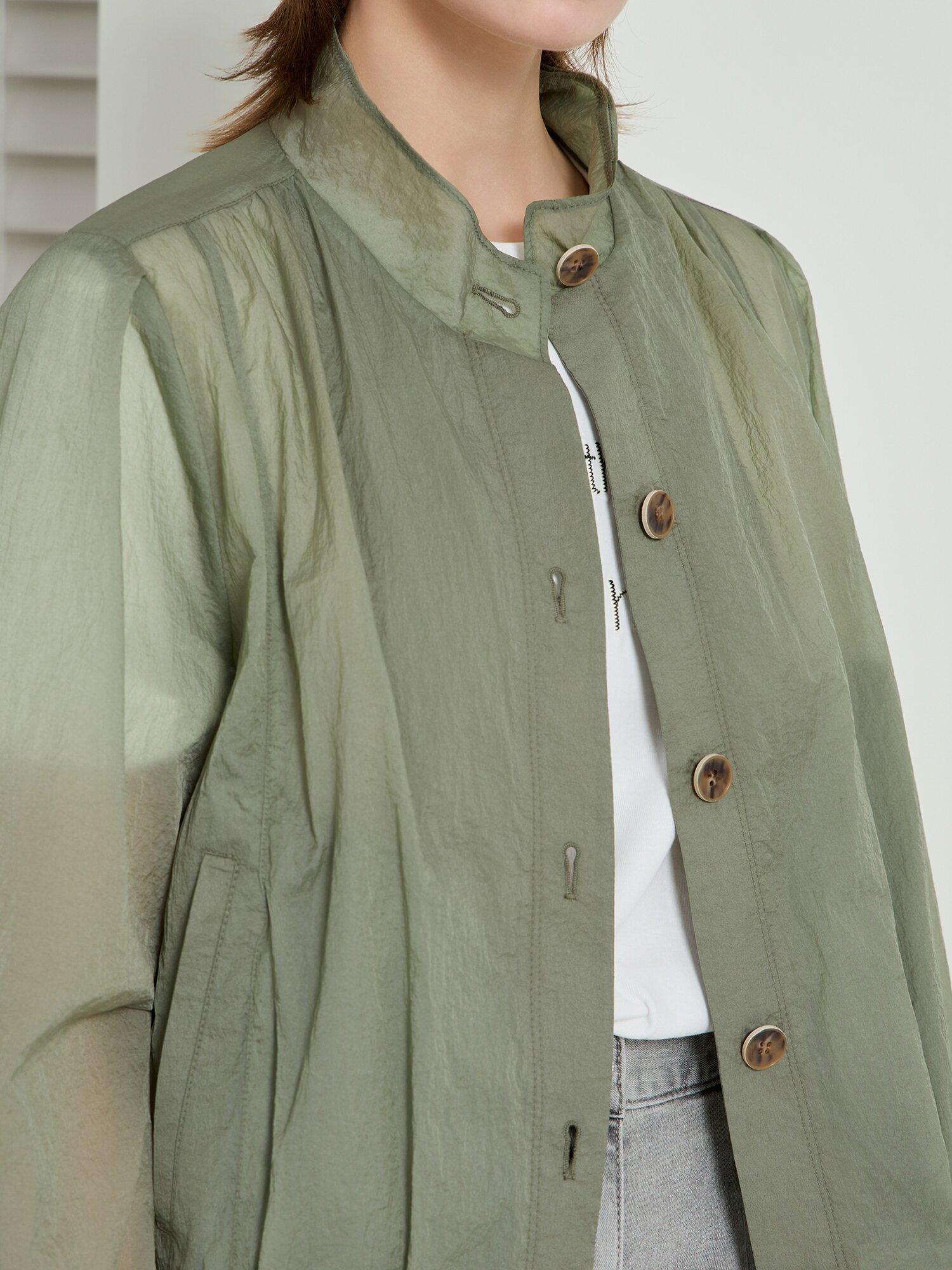 루즈핏 시스루 밴딩 하이넥 점퍼 (KHAKI)