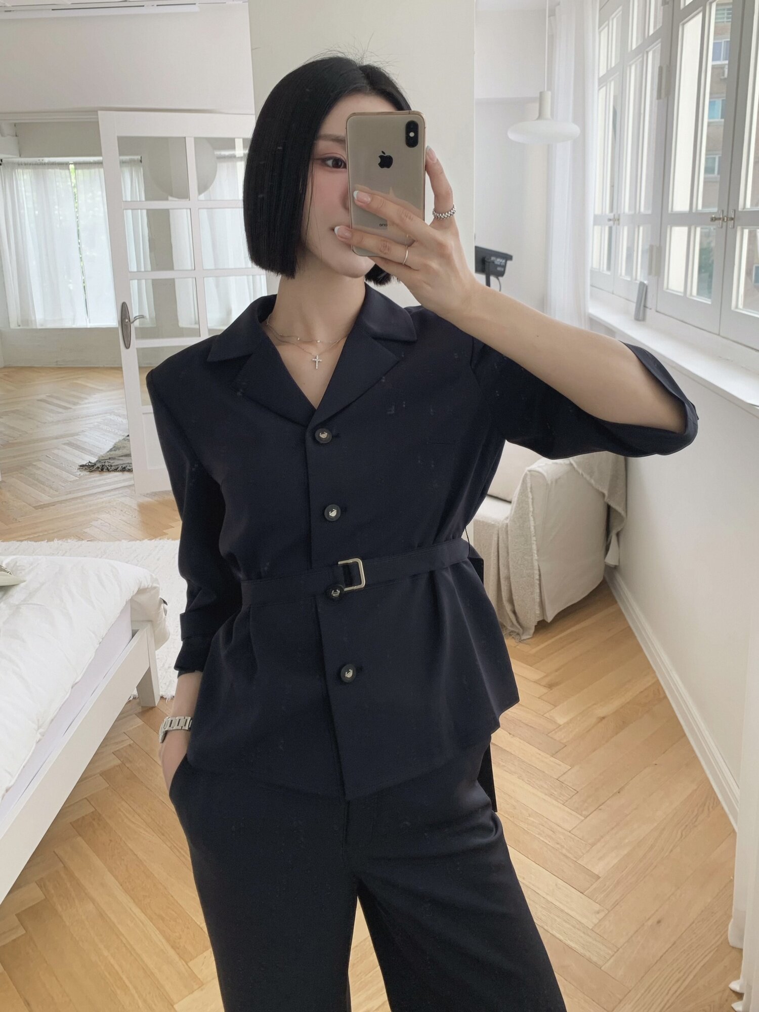 모던 벨티드 오픈 칼라 싱글 재킷 (NAVY)