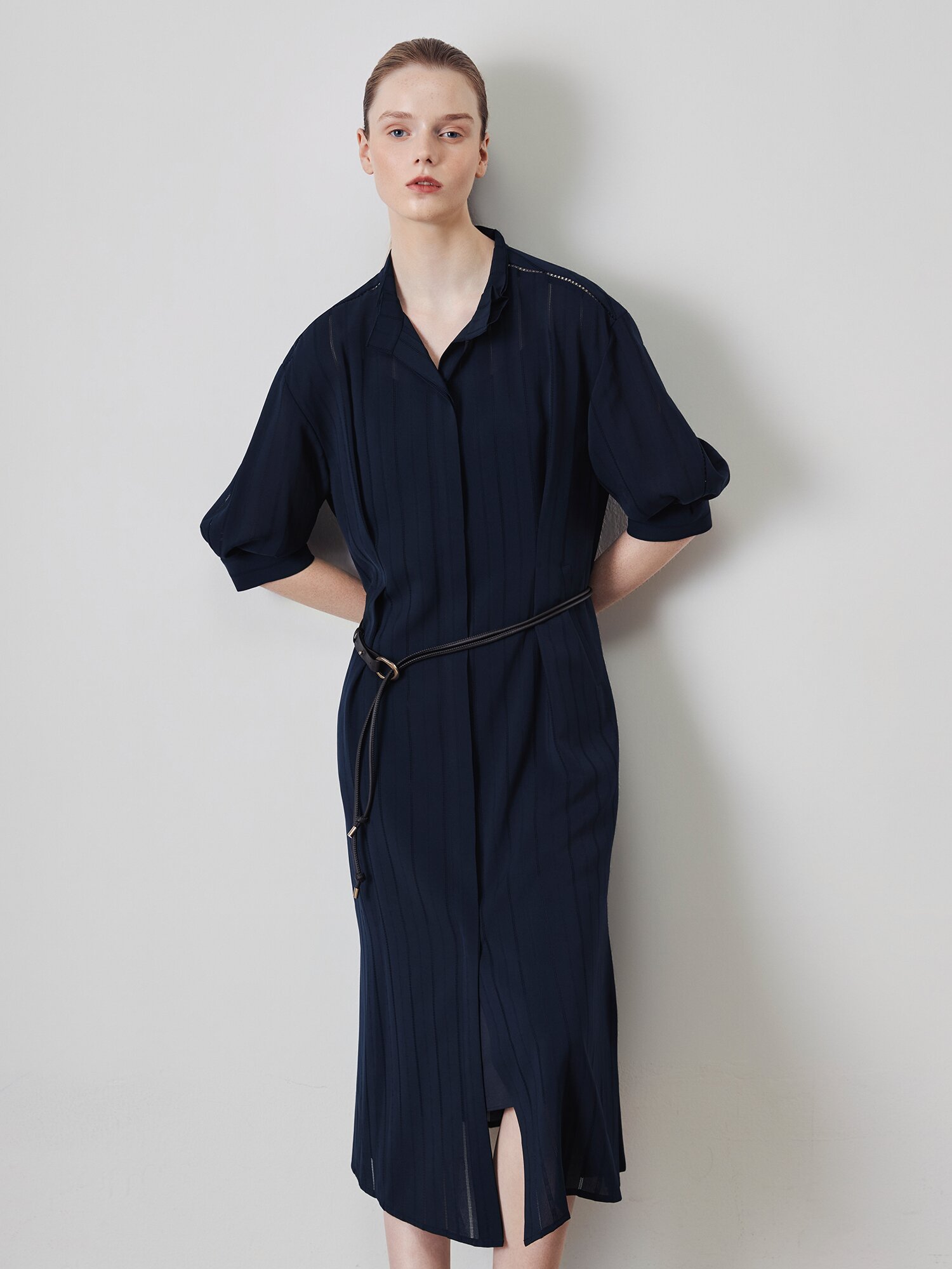 펀칭 하이넥 원피스 +이너 세트 (STRIPE NAVY)