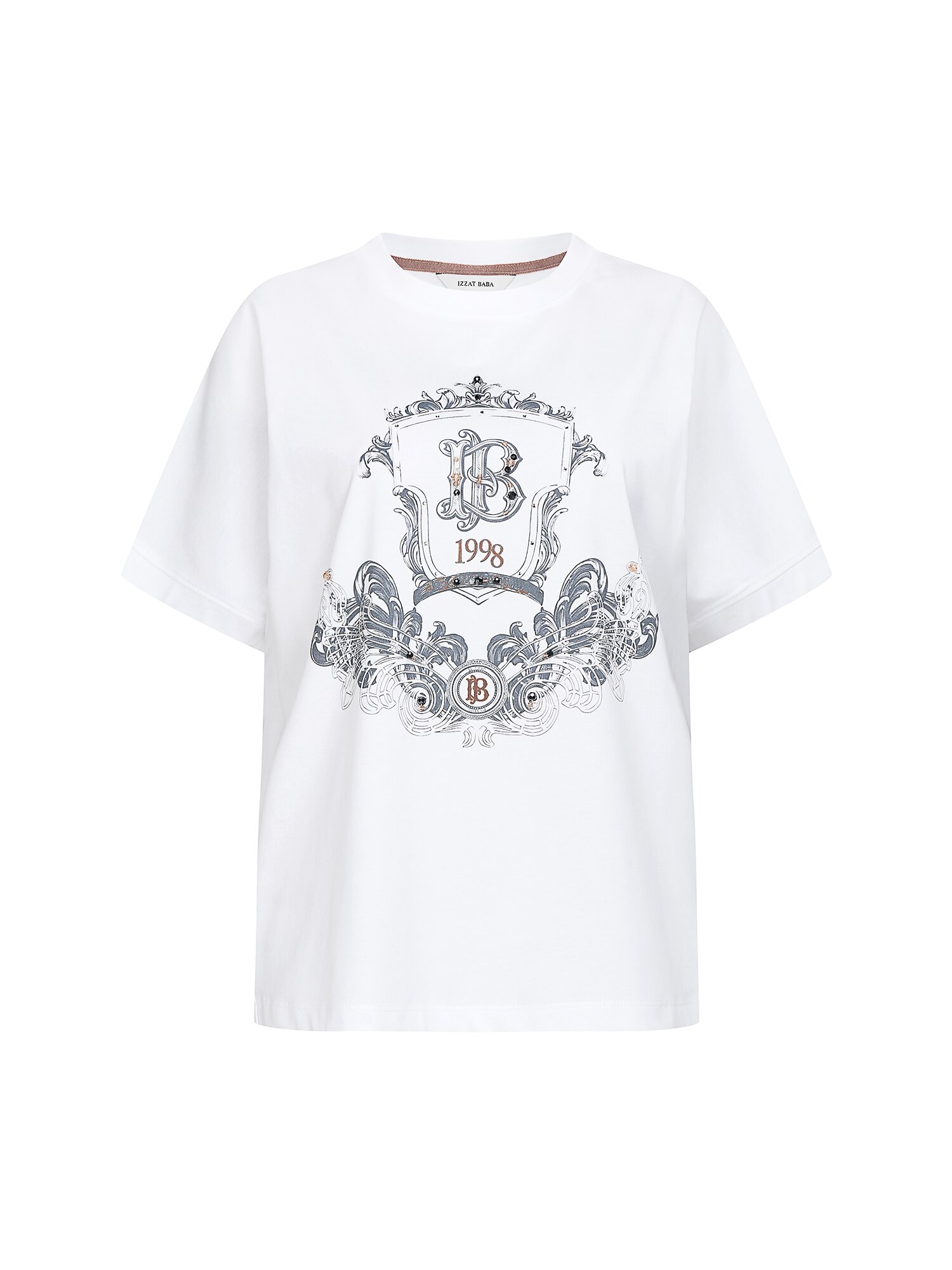 코튼 비즈 장식 프린트 티셔츠 (WHITE)