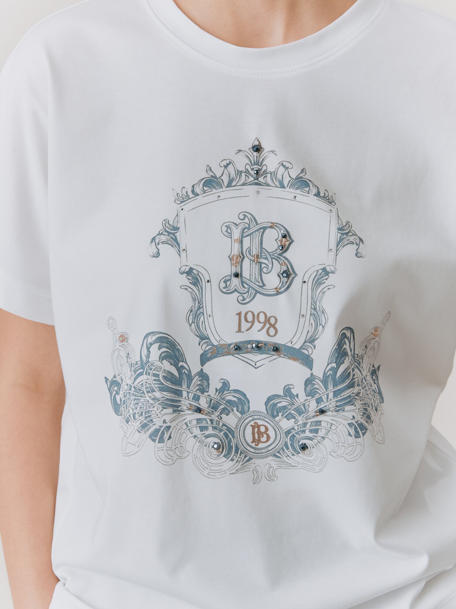 코튼 비즈 장식 프린트 티셔츠 (WHITE)
