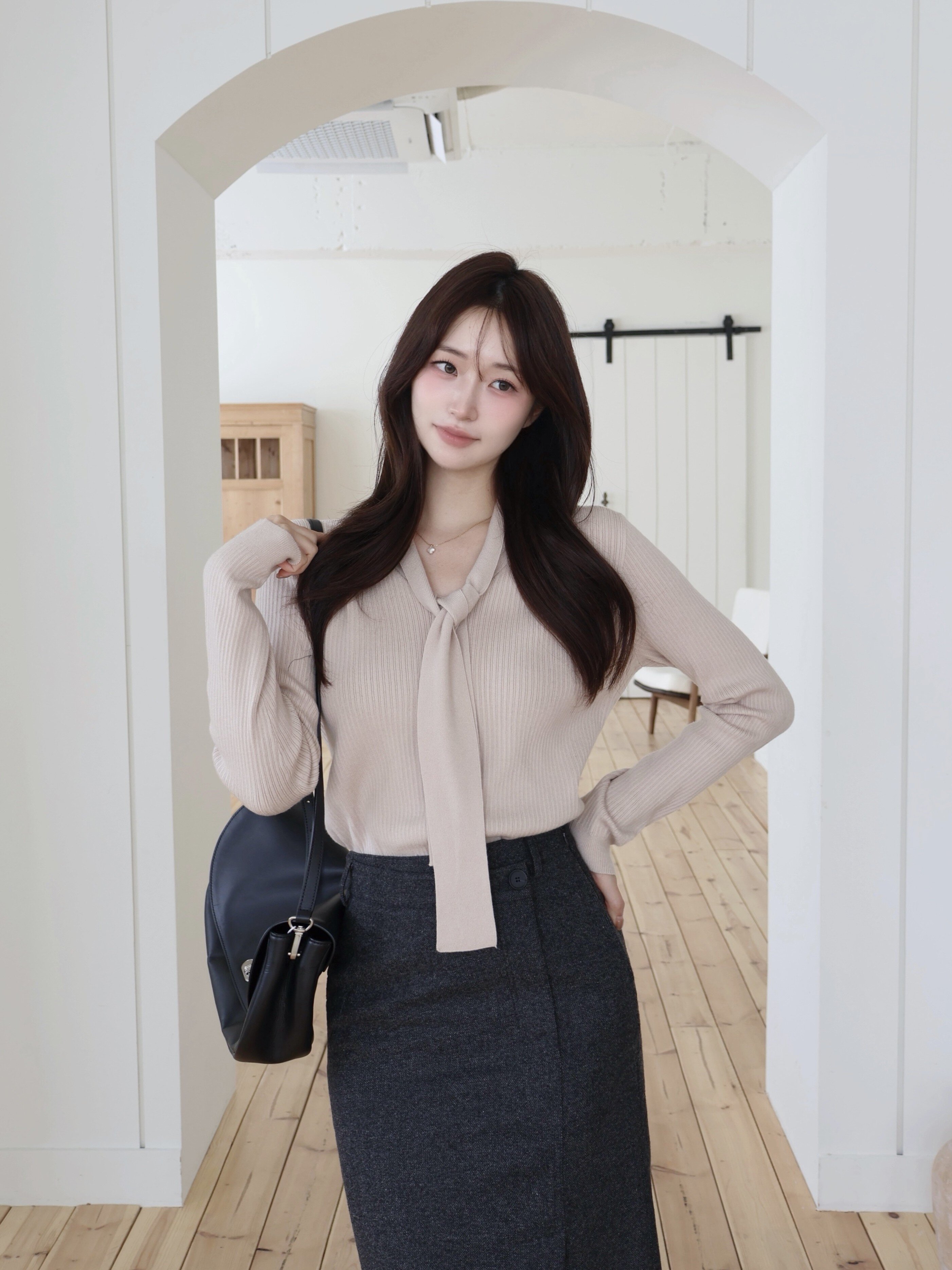 골지 타이넥 풀오버 니트 (BEIGE)