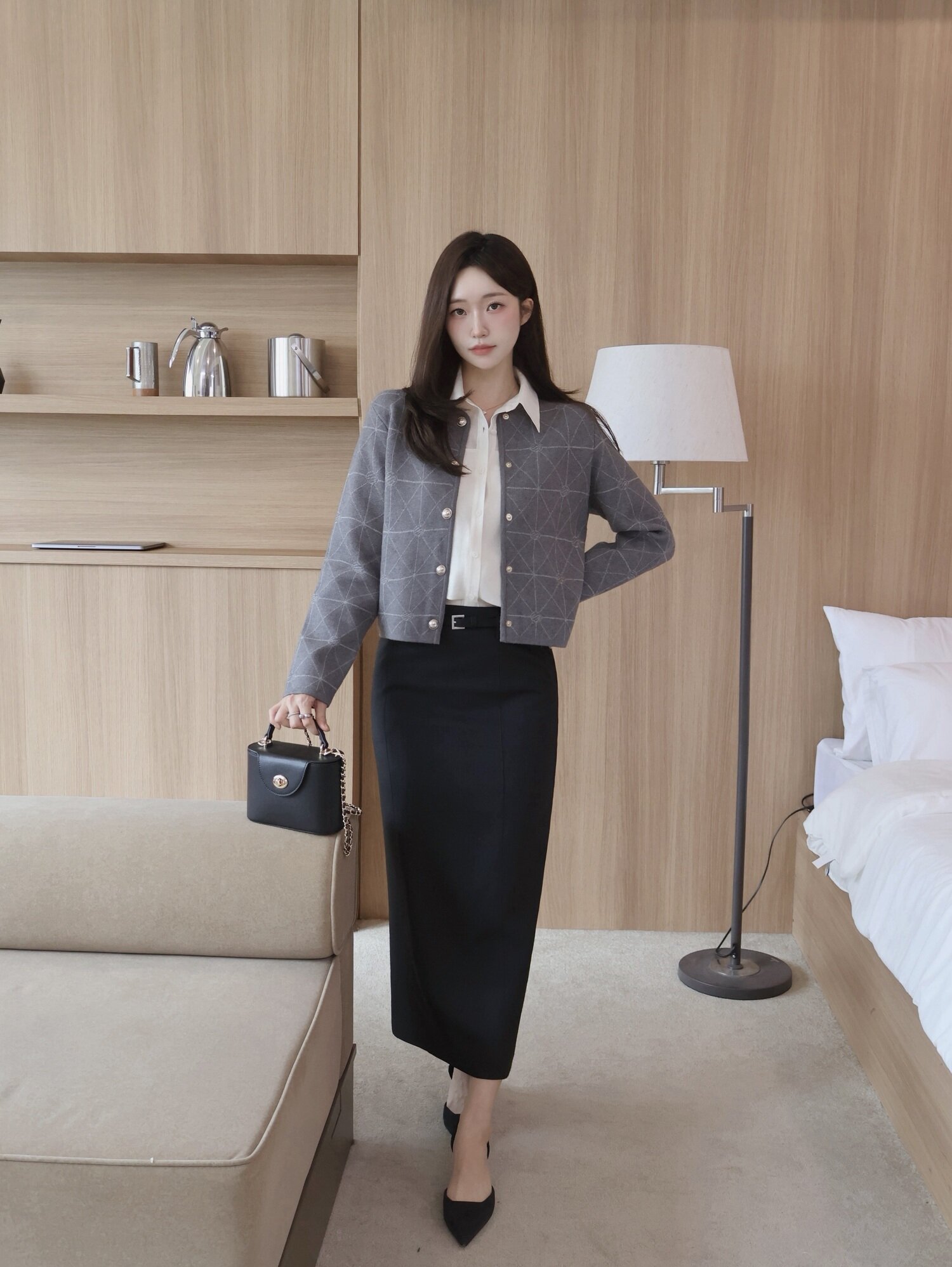 자카드 라운드넥 크롭 가디건 (JAQUARD GREY)