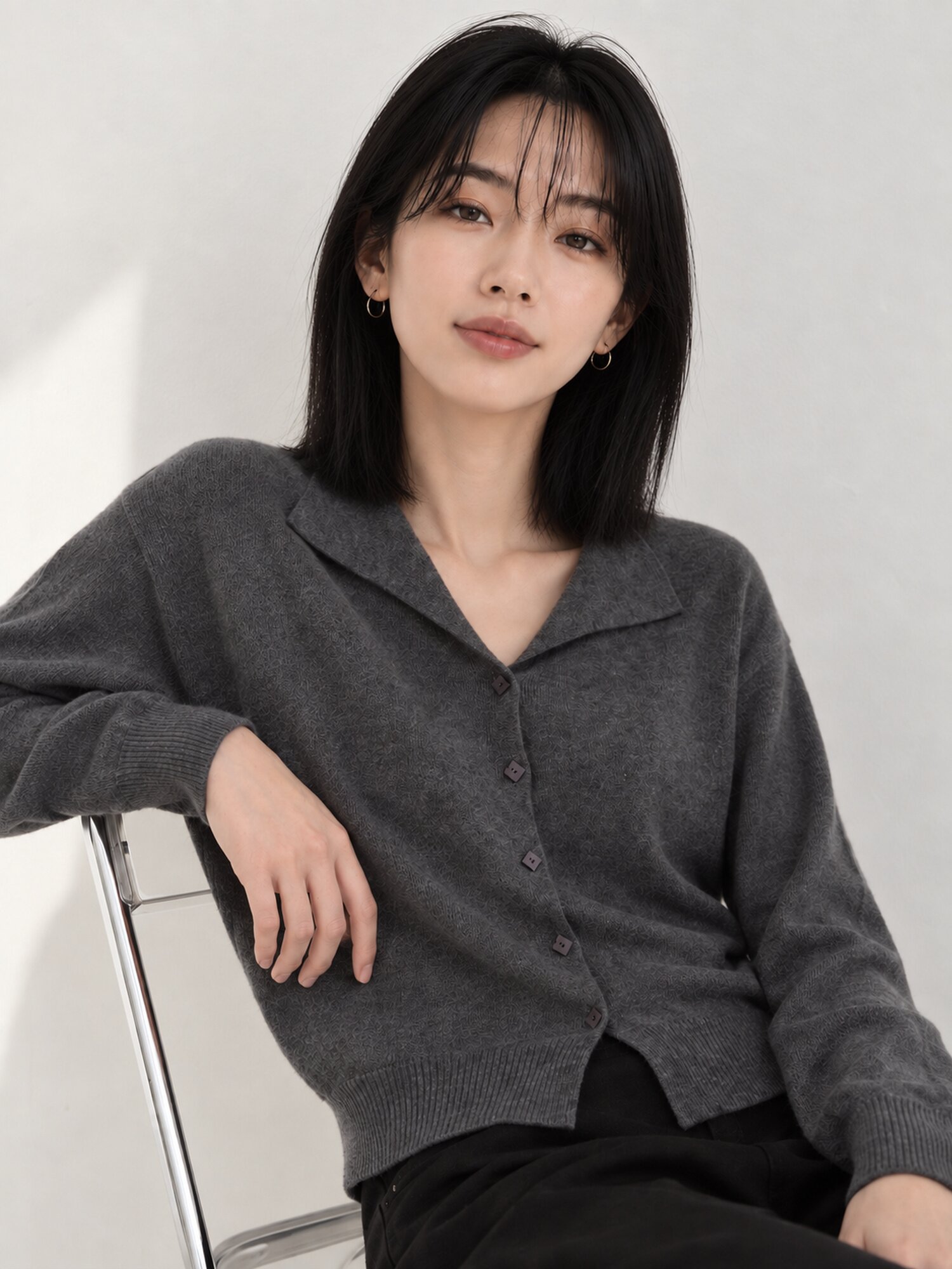 오픈 칼라 버튼 니트 가디건 (GREY)