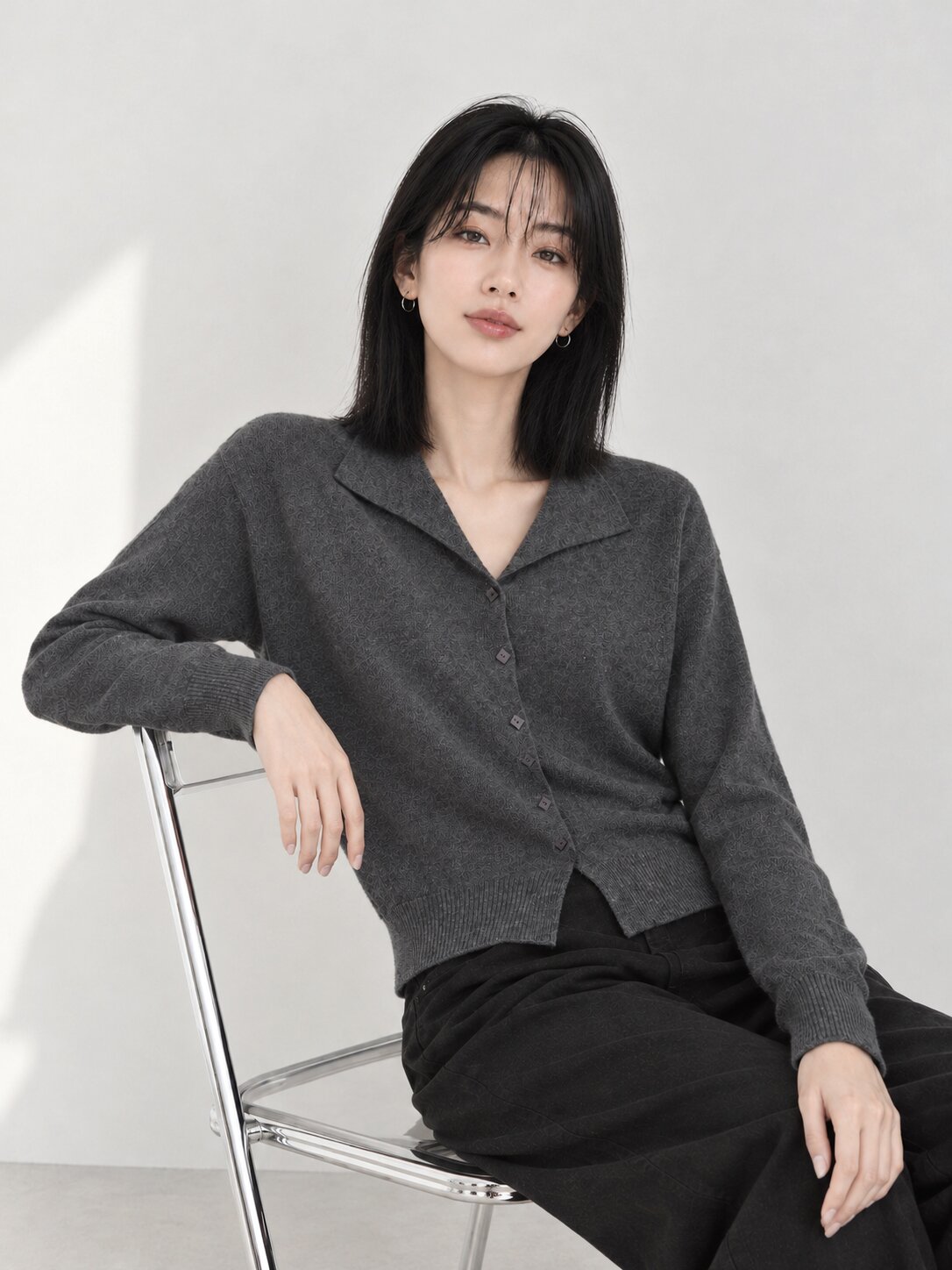 오픈 칼라 버튼 니트 가디건 (GREY)