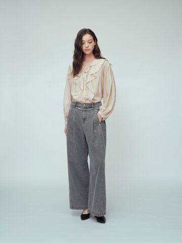 벨티드 원턱 와이드 데님 팬츠 