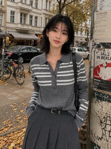 오픈 칼라 스트라이프 버튼 풀오버 니트 