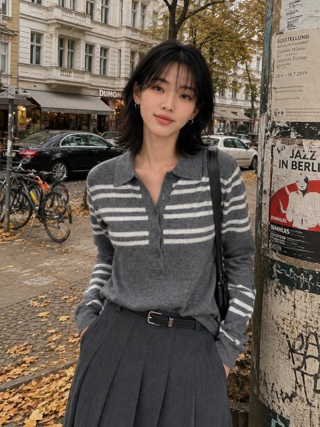 오픈 칼라 스트라이프 버튼 풀오버 니트 