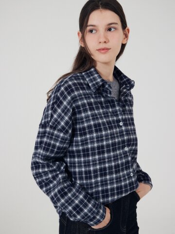 체크 오버핏 셔츠 칼라 블라우스 