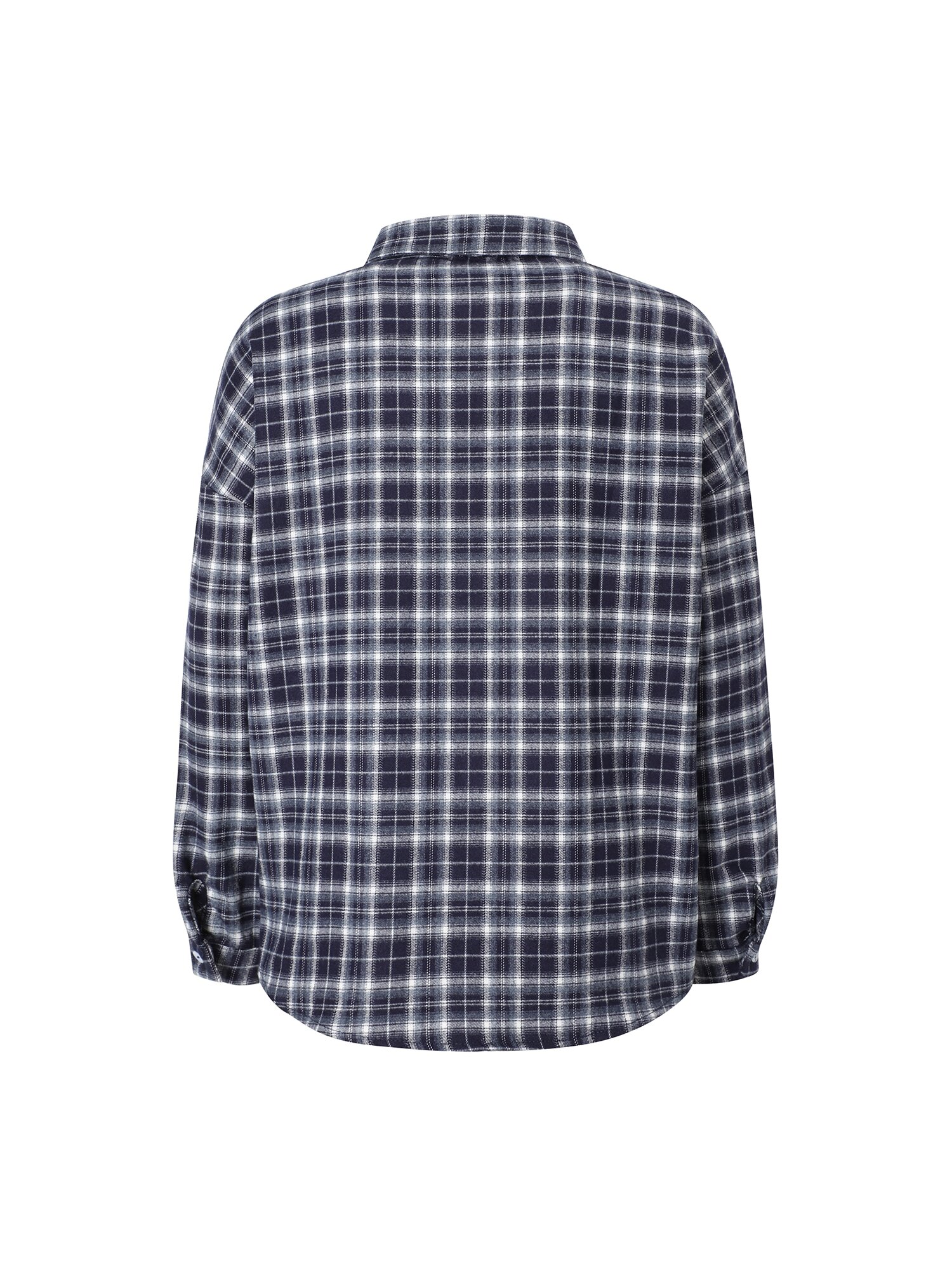 체크 오버핏 셔츠 칼라 블라우스 (NAVY)