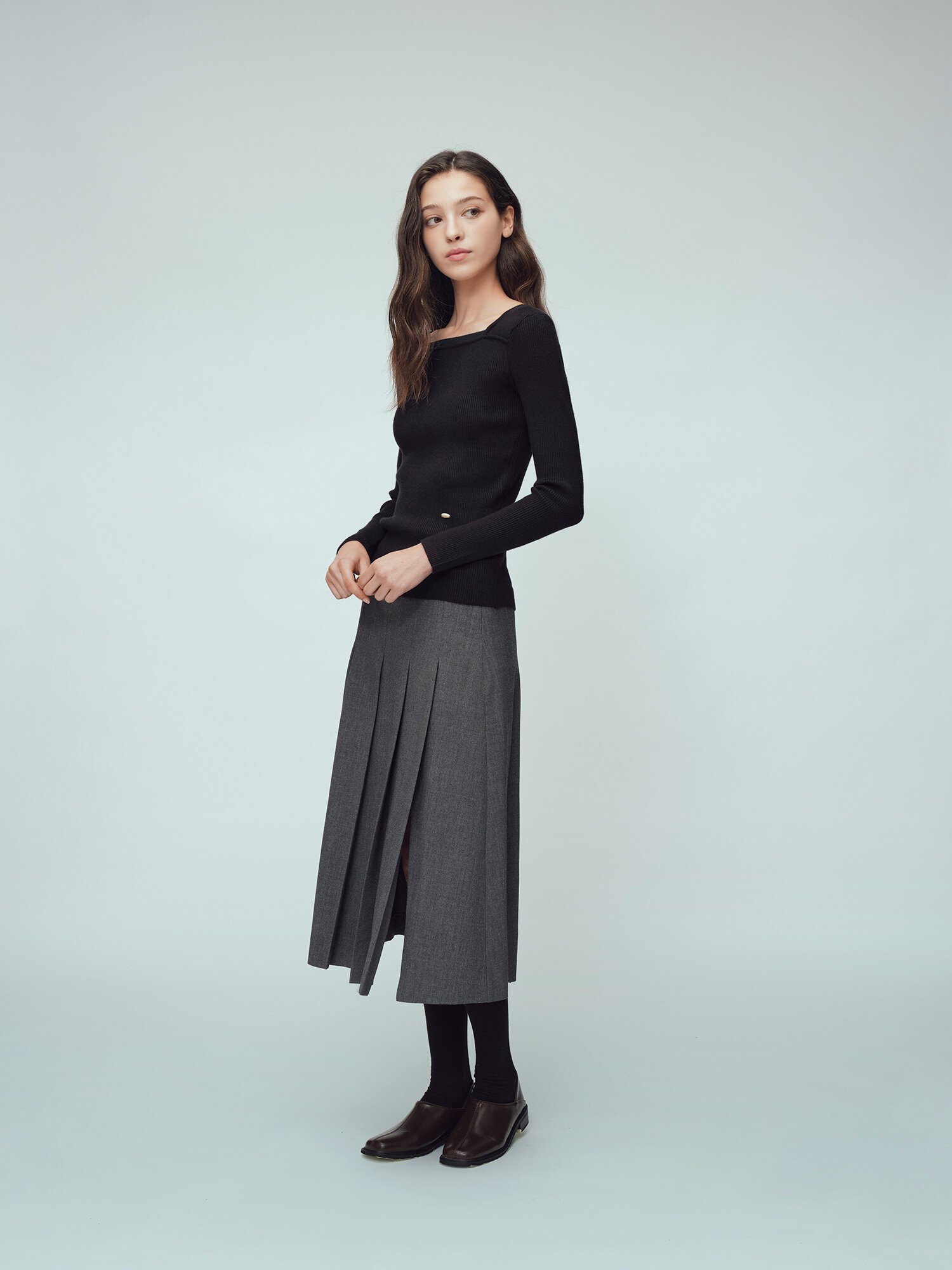 시스루 배색 스퀘어넥 풀오버 니트 (BLACK)