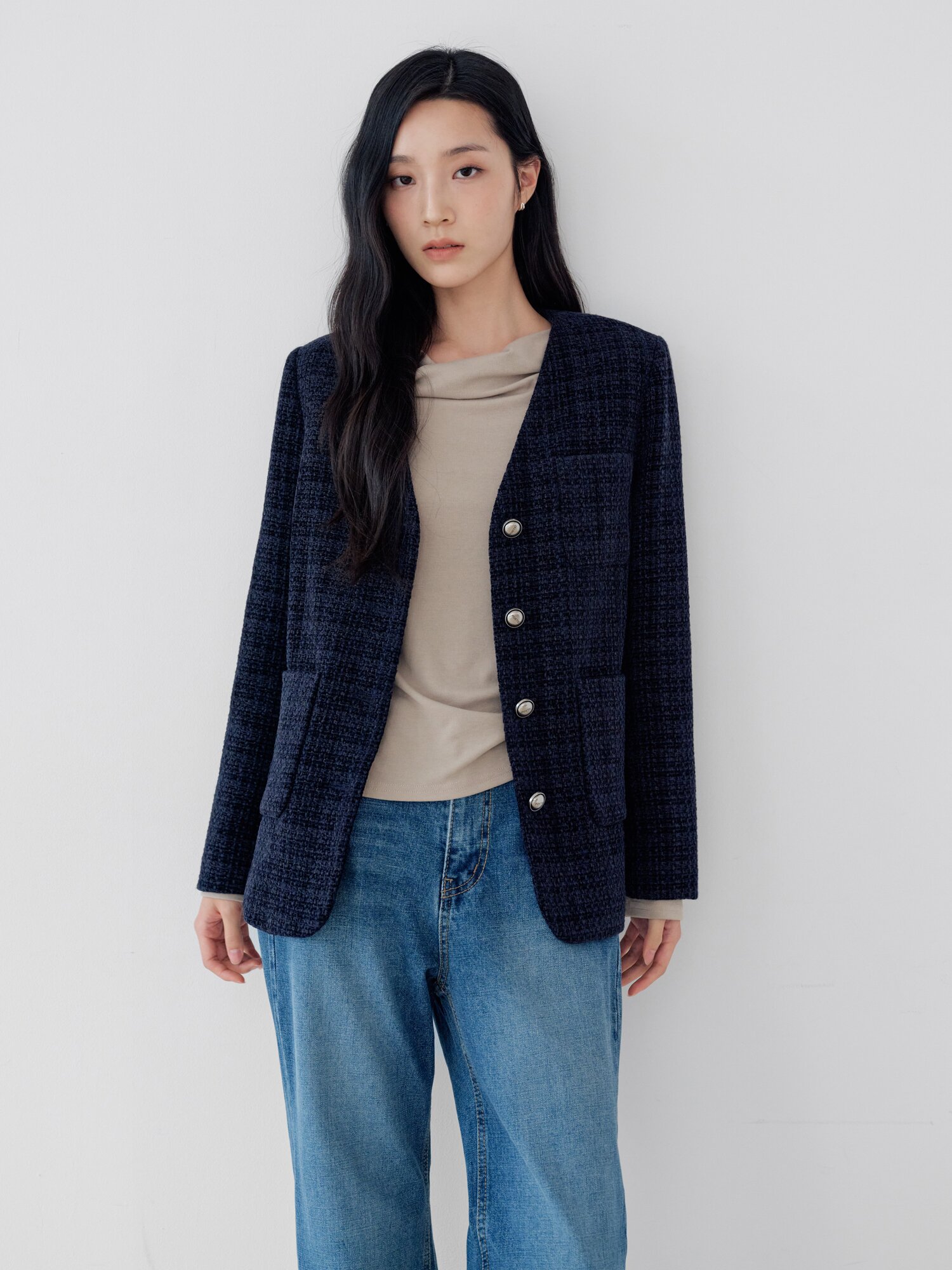 울 트위드 브이넥 하프 재킷 (NAVY)