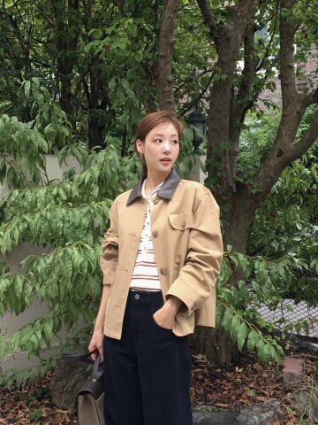코튼 레더 칼라 사파리 재킷 