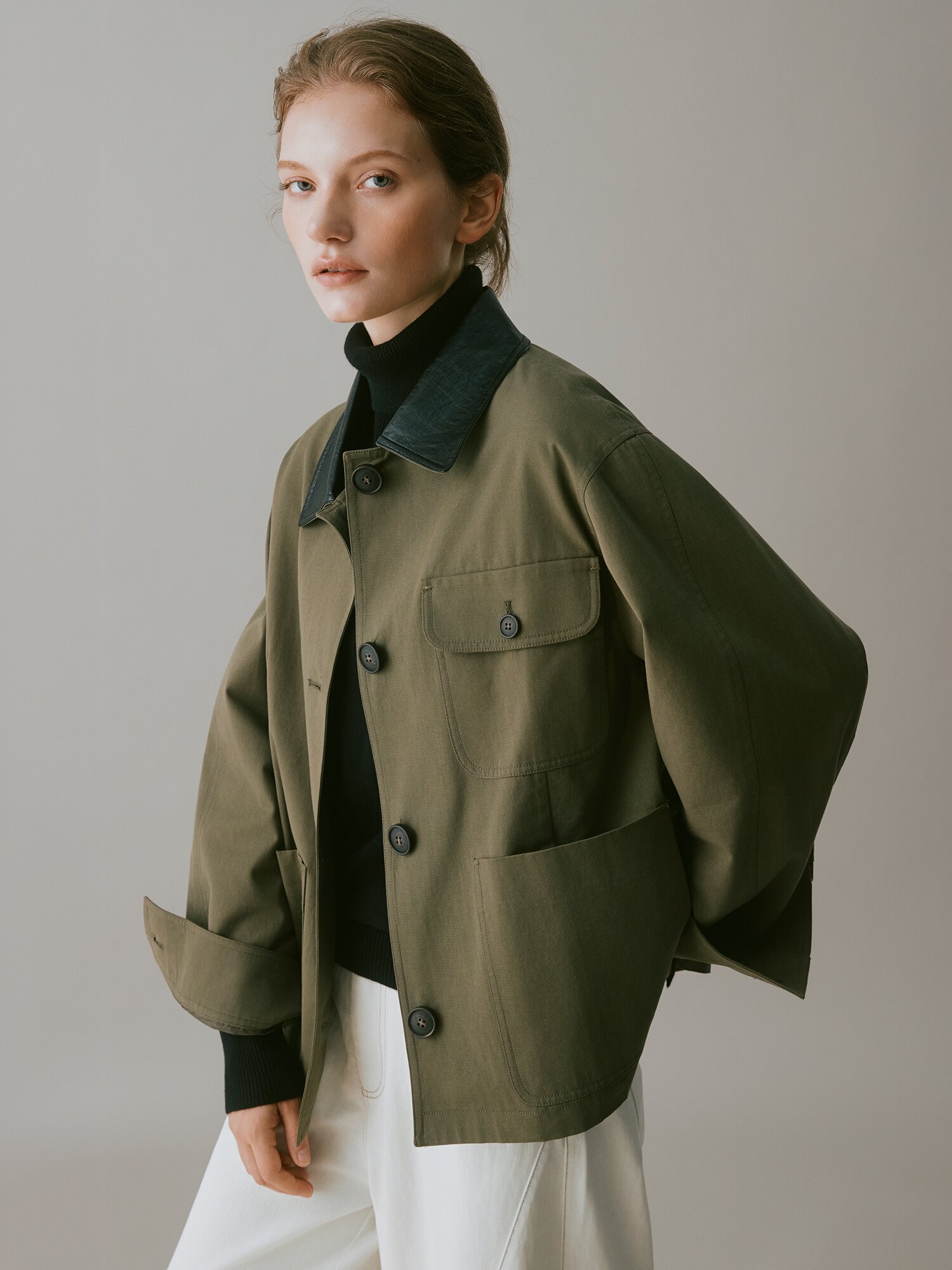코튼 레더 칼라 사파리 재킷 (KHAKI)