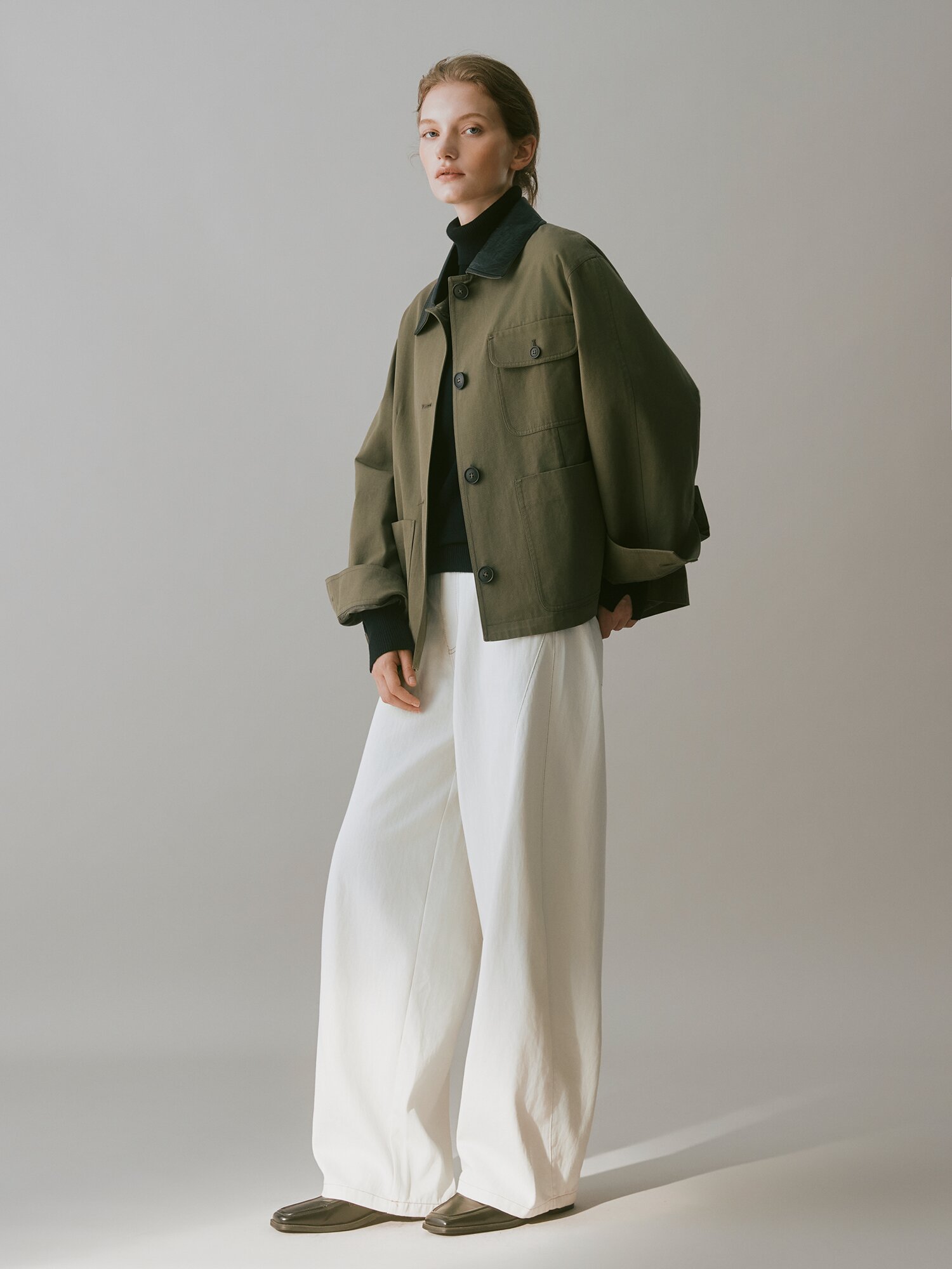 코튼 레더 칼라 사파리 재킷 (KHAKI)