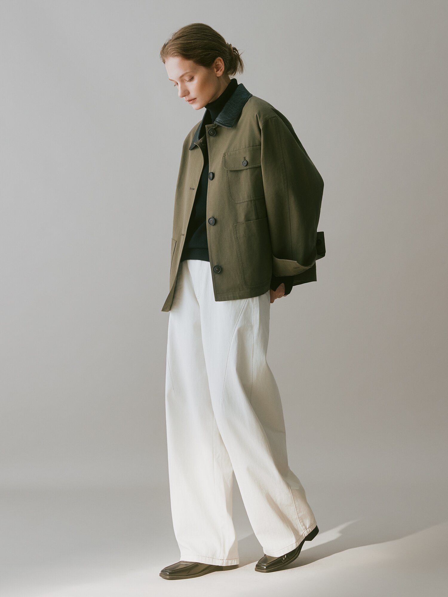 코튼 레더 칼라 사파리 재킷 (KHAKI)