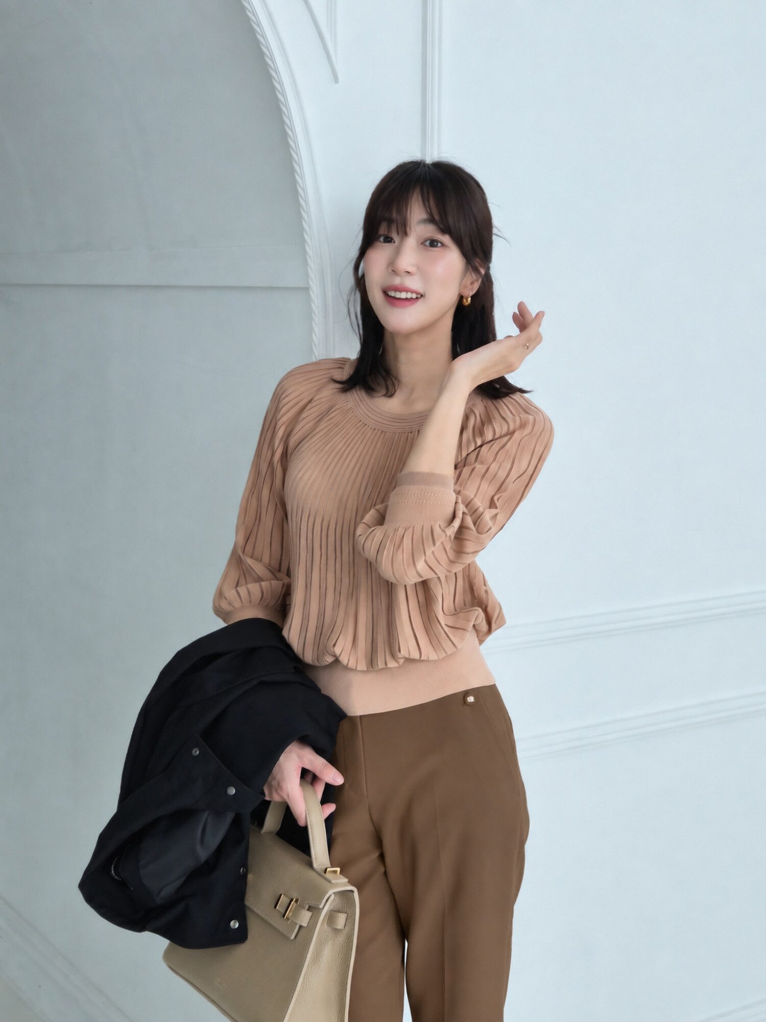 시스루 플리츠 래글런 풀오버 니트 (BEIGE)