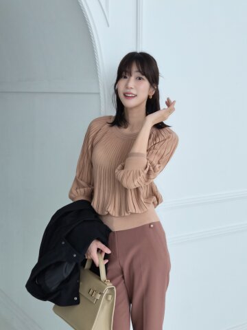 시스루 플리츠 래글런 풀오버 니트 