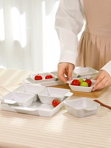 [케어프린] 세라믹 나눔 접시 볼 플레이팅 1인 식기세트 찬기 오븐 반찬 사각 손잡이 그릇 5P