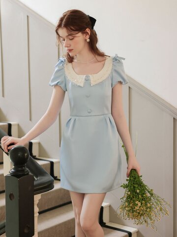 Cest_Beaded lace collar satin dress