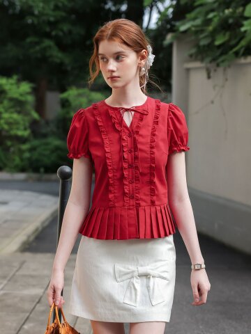 Cest_Red pleated ruffle blouse