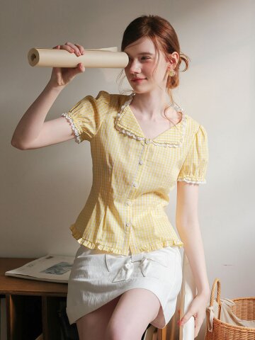 Cest_Slim lace gingham blouse