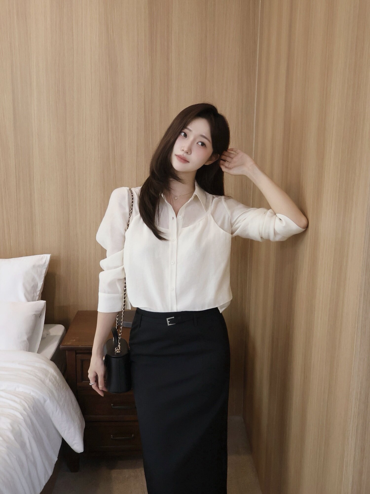 모던 슬림 롱 벨트 스커트  (BLACK)