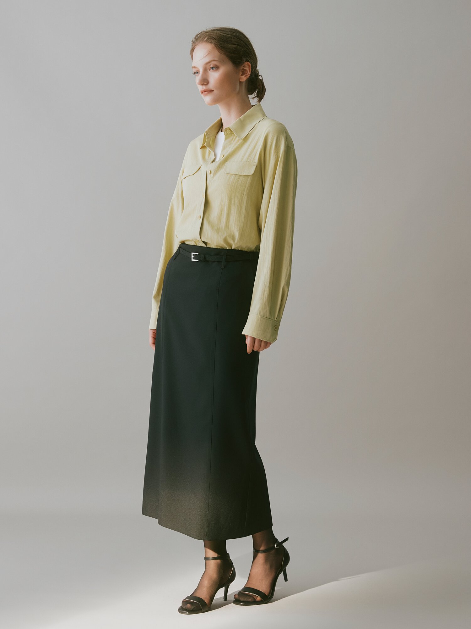 모던 슬림 롱 벨트 스커트  (BLACK)