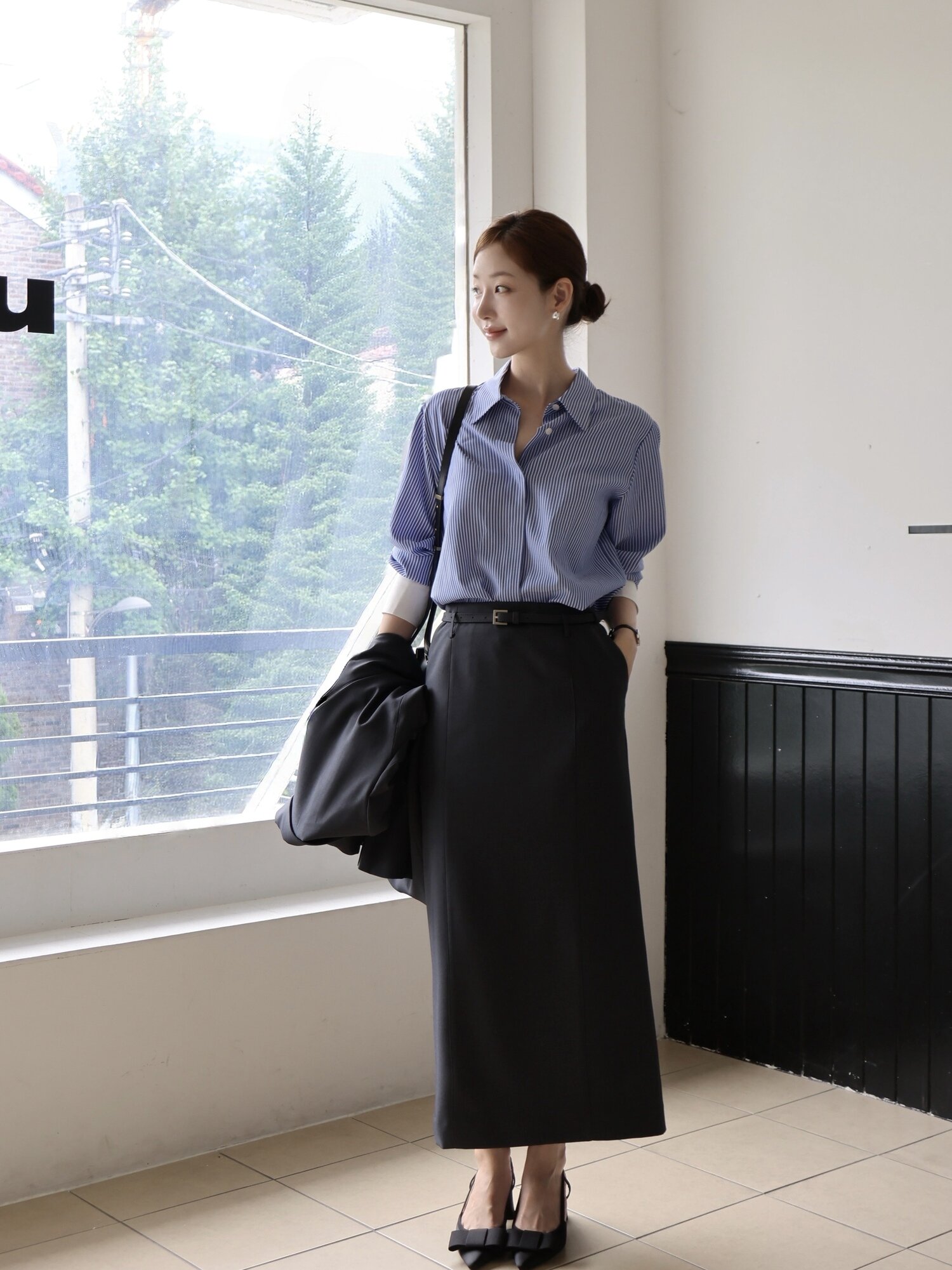 모던 슬림 롱 벨트 스커트 (DARK GREY)