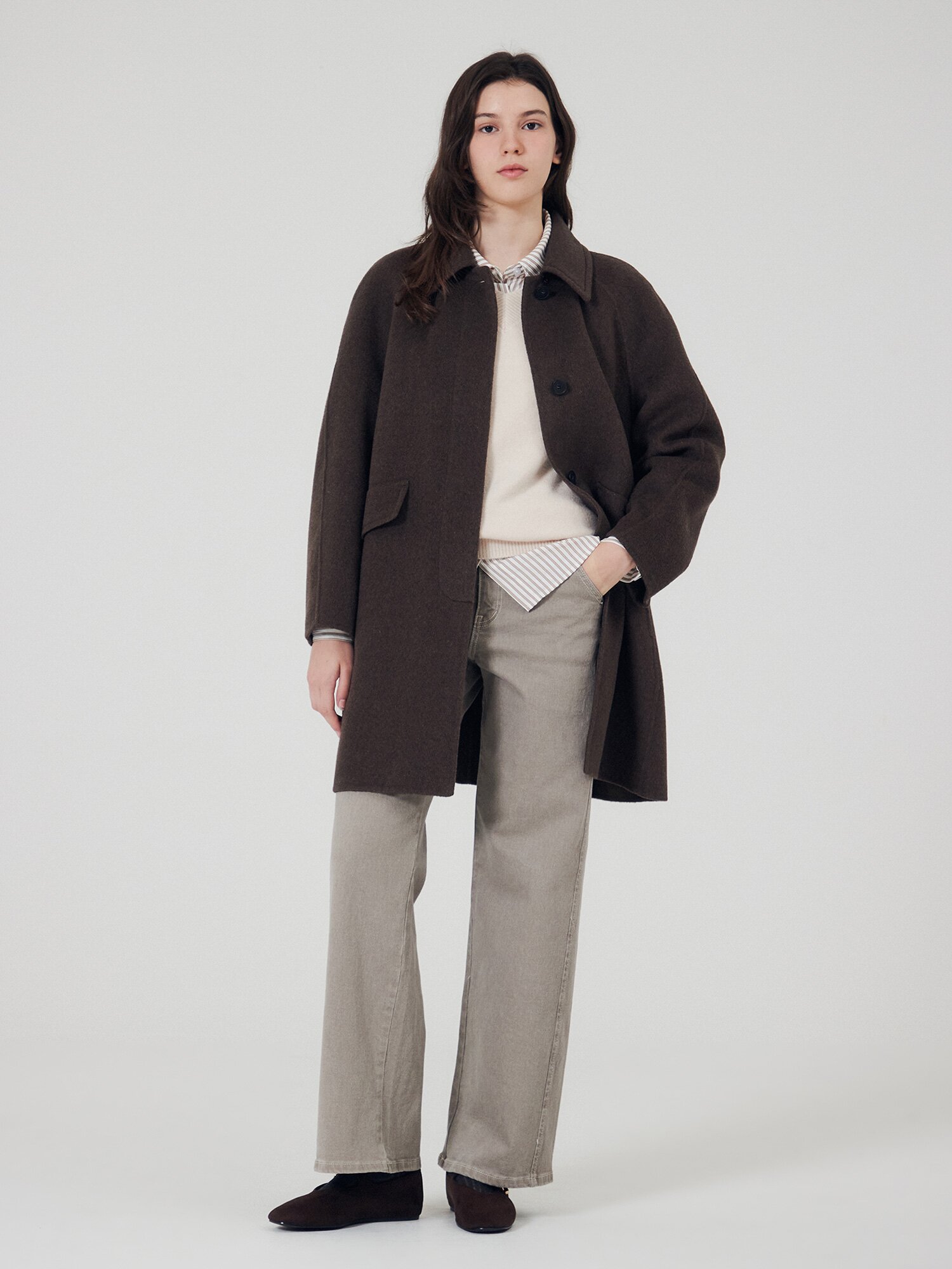 워싱 히든 밴딩 세미 와이드 데님 팬츠 (TAUPE GREY)