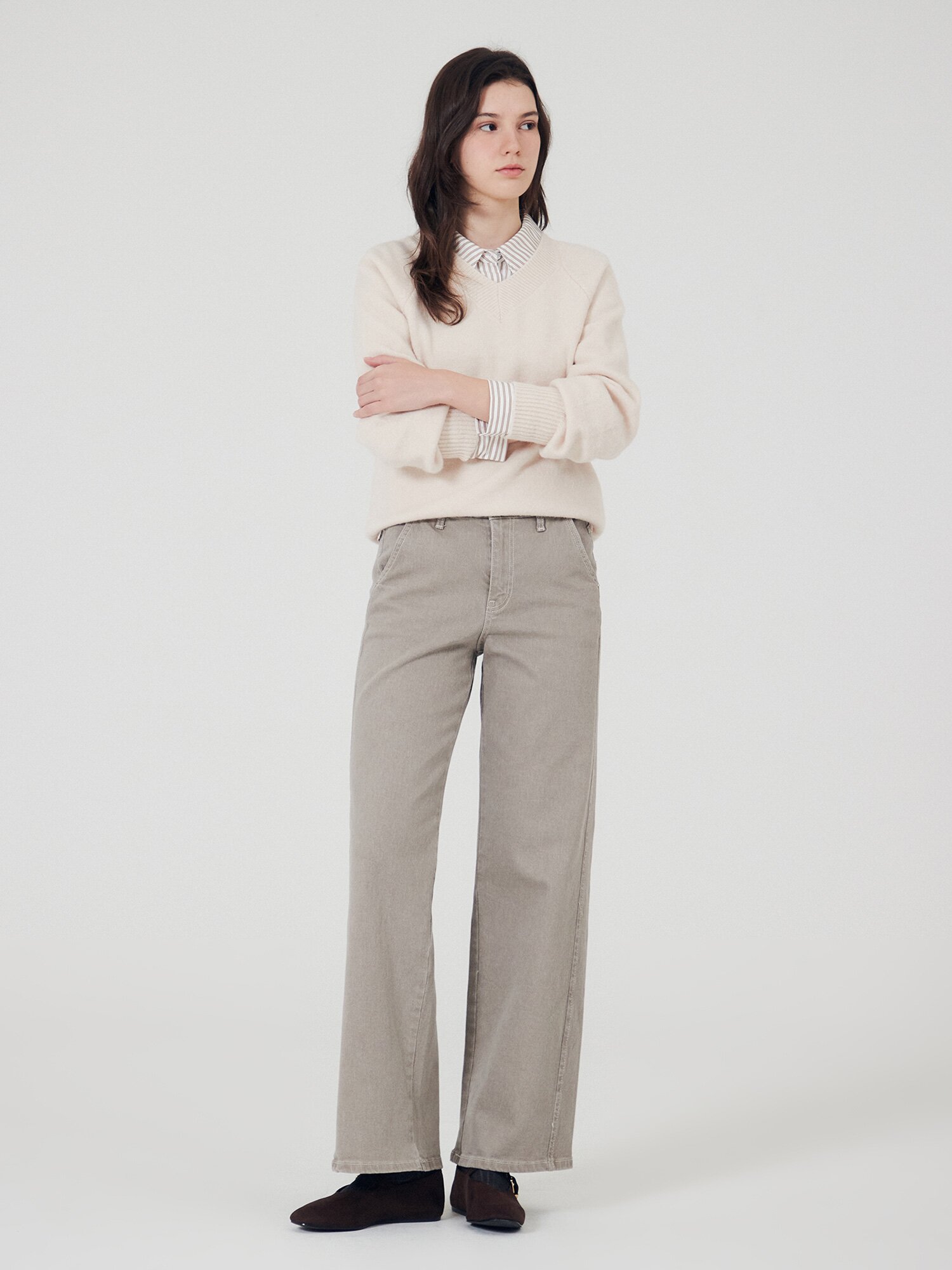 워싱 히든 밴딩 세미 와이드 데님 팬츠 (TAUPE GREY)
