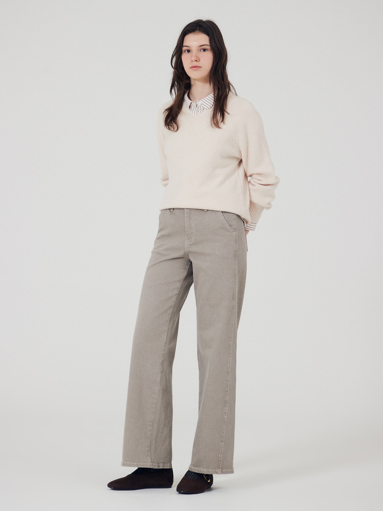 워싱 히든 밴딩 세미 와이드 데님 팬츠 (TAUPE GREY)