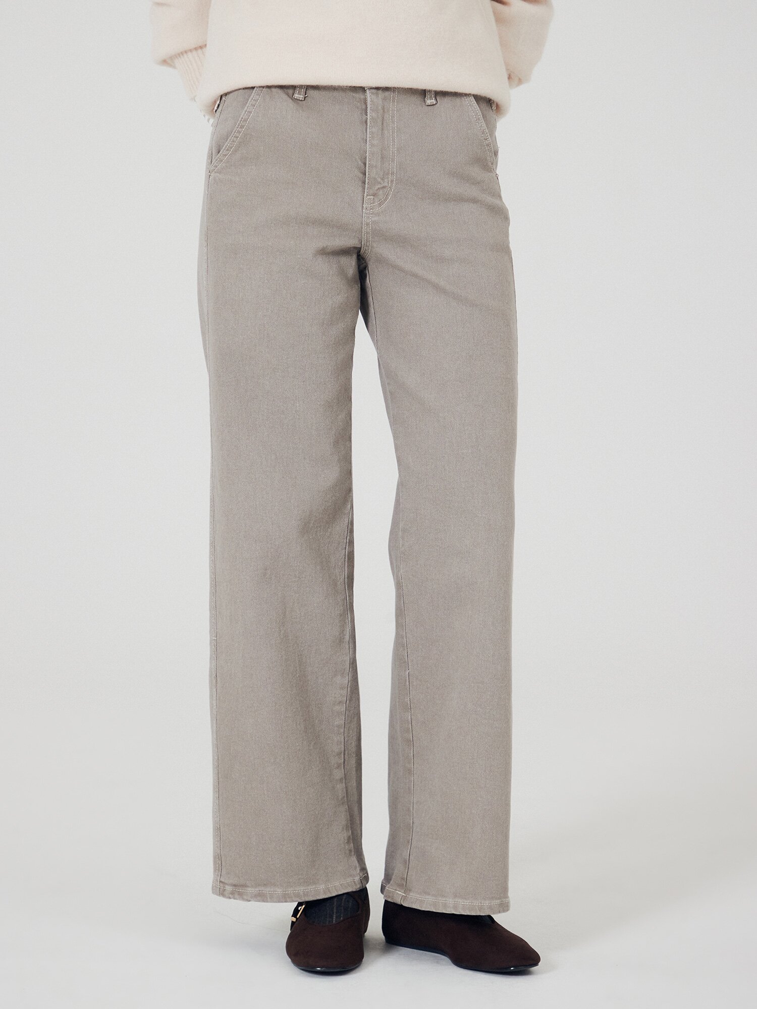 워싱 히든 밴딩 세미 와이드 데님 팬츠 (TAUPE GREY)