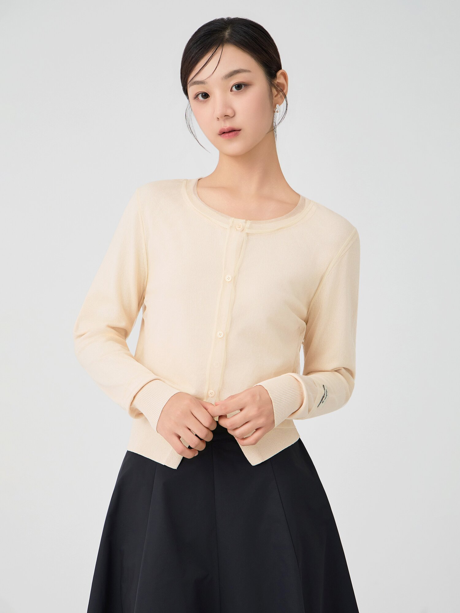 메시 레이어 라운드넥 가디건 (BEIGE)